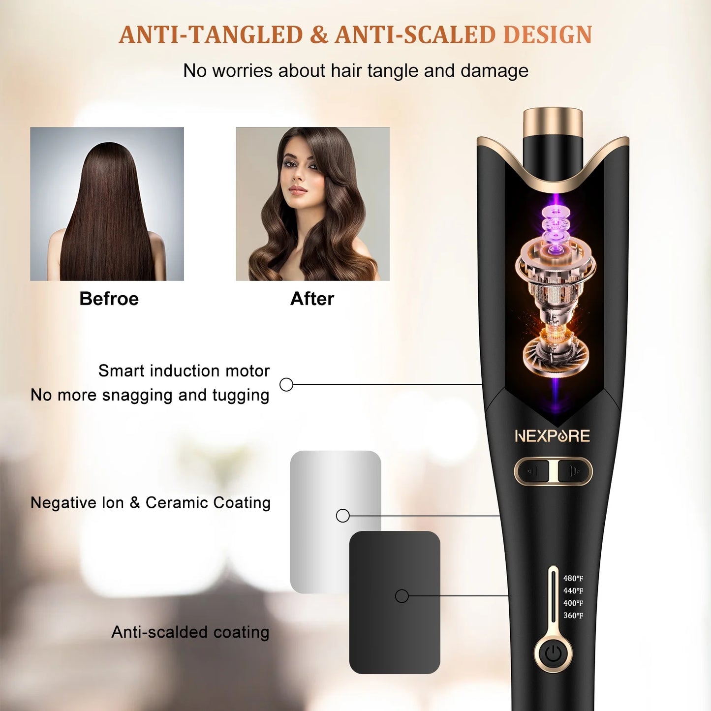 Curling Iron, Professional Automatic Hair Curler with 1" Large Rotating Barrel, Gold
