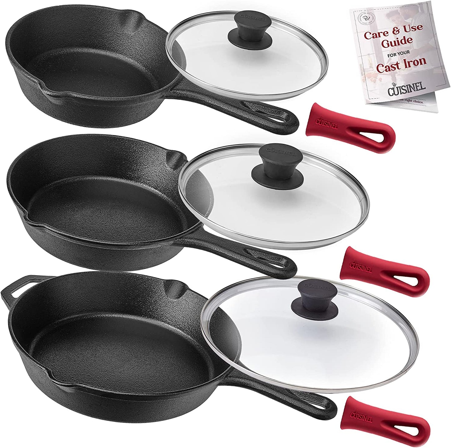 "Ultimate Cast Iron Skillets Set - Pre-Seasoned 12", 10", & 8" Frying Pans with Silicone Grip Covers - Versatile Cookware for Indoor/Outdoor Cooking, BBQ, Oven, and More!"