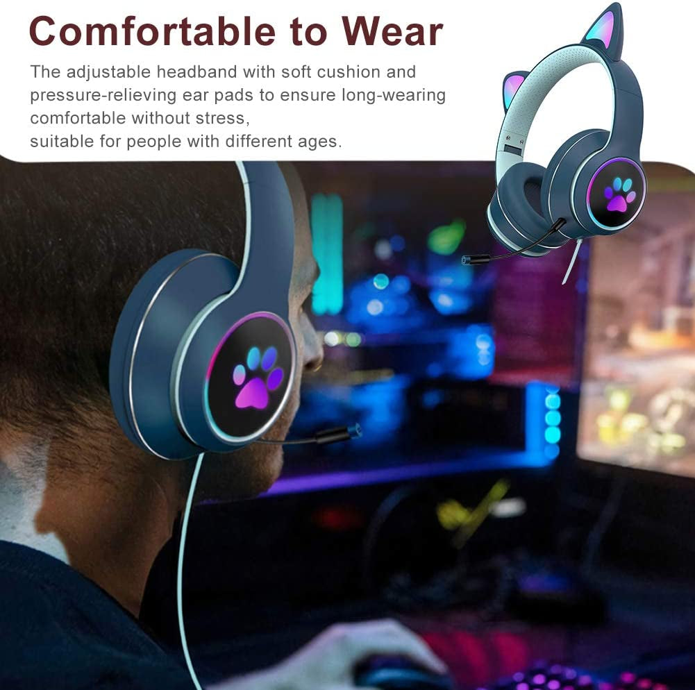 Ear Headphones, Cat Ear LED Light up Foldable Headphones Hifi 3.5MM Noise Reduction Headphones Computer Gaming Headset Cat Ear Headphone with Microphone and Volume Control