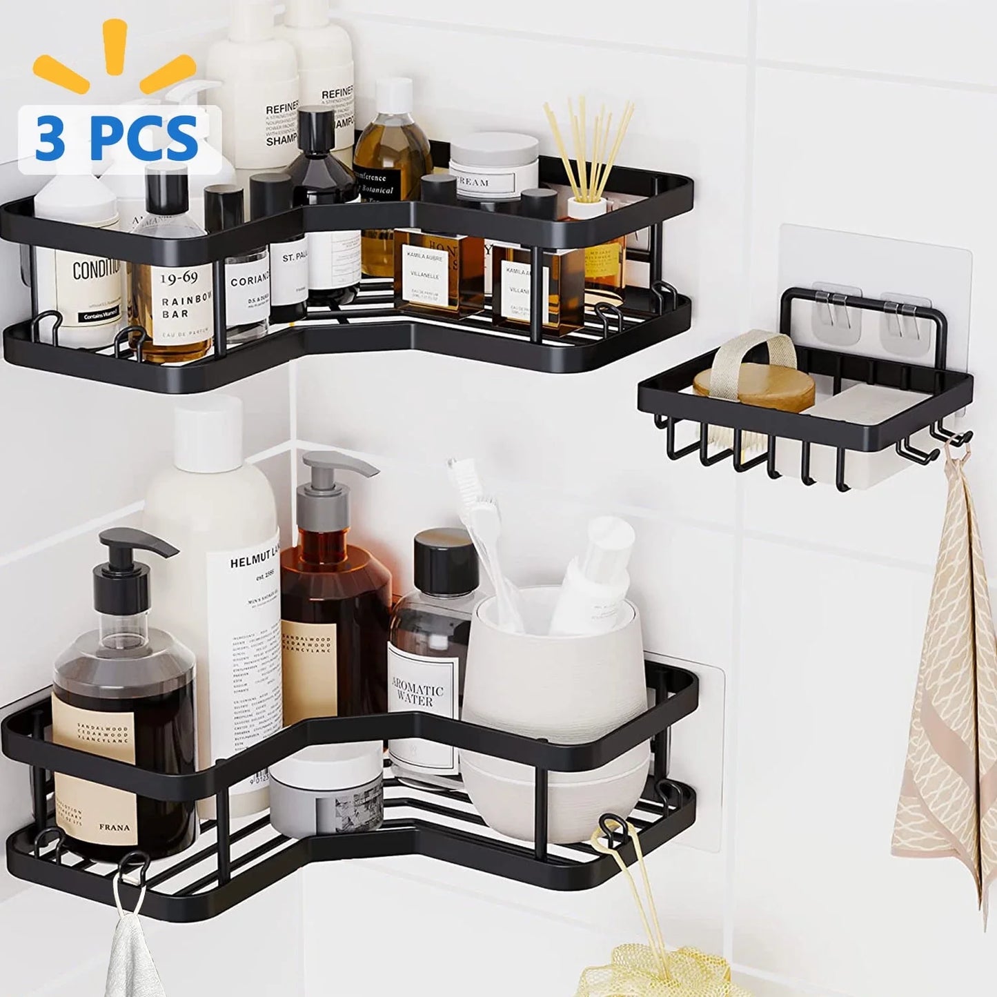 3 PCS Corner Shower Caddy Shower Organizer, 2 Tier Self-Adhesive Bathroom Organizer Shower Caddy Basket with Soap Holder, No Drilling Wall Mounted Rustproof Stainless Steel Shower Rack Black