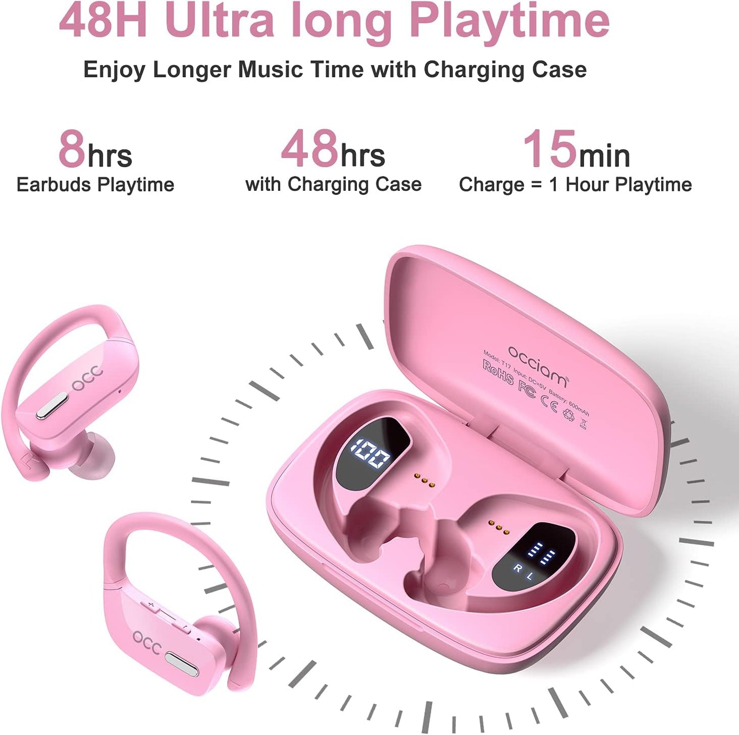Wireless Earbuds Bluetoth Headphones 48H Play Back Earphones in Ear Waterproof with Microphone LED Display for Sports Running Workout Pink