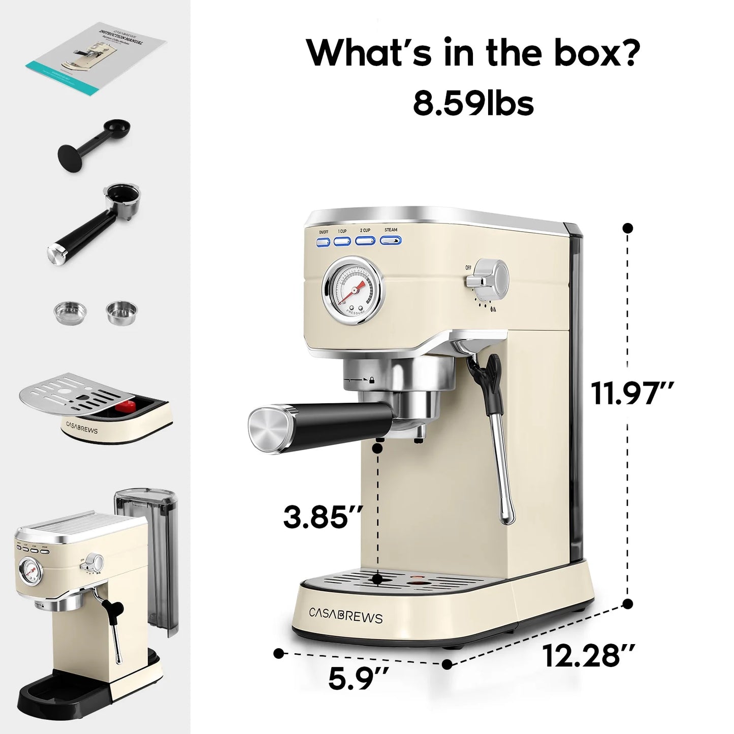20 Bar Espresso Machine with Milk Frother and 34 Oz Water Tank, Stainless Steel, New, Beige