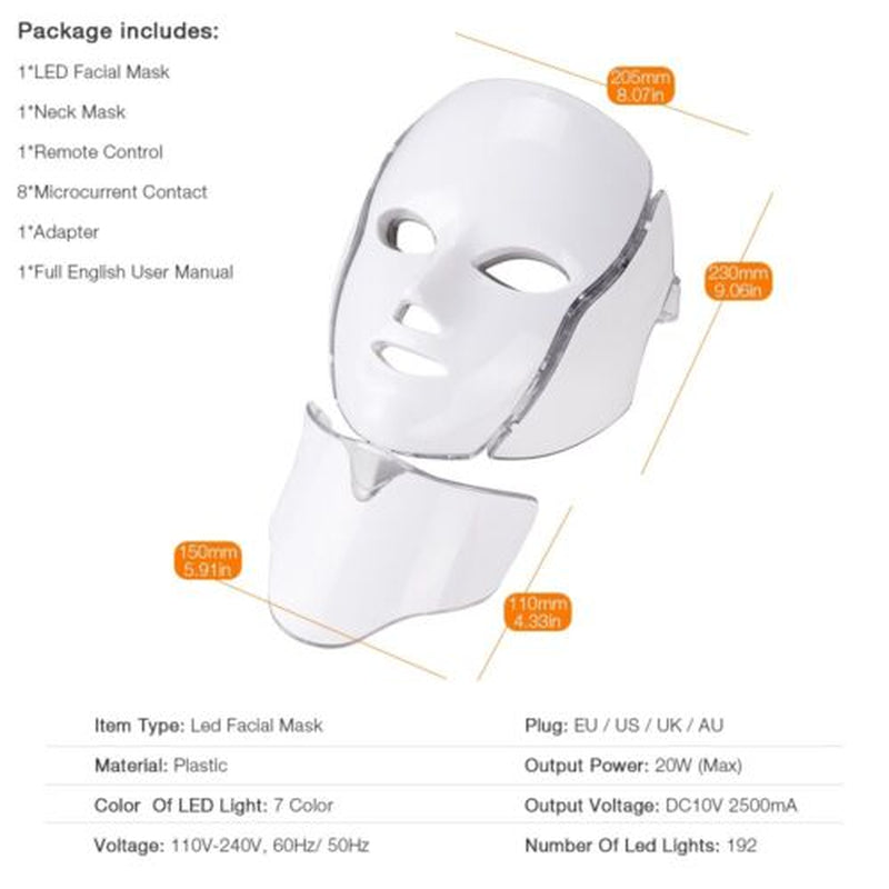 7 Colors LED Light Photon Face Neck Mask Rejuvenation Skin Wrinkles Therapy Mask