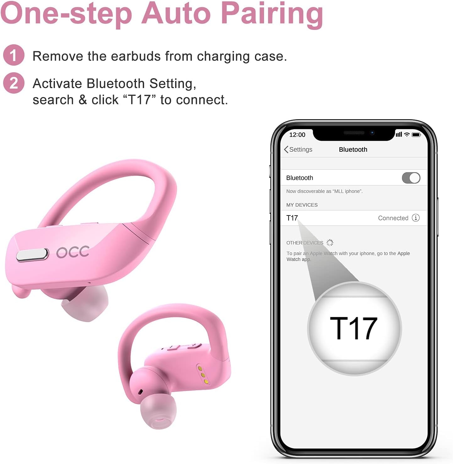 Wireless Earbuds Bluetoth Headphones 48H Play Back Earphones in Ear Waterproof with Microphone LED Display for Sports Running Workout Pink