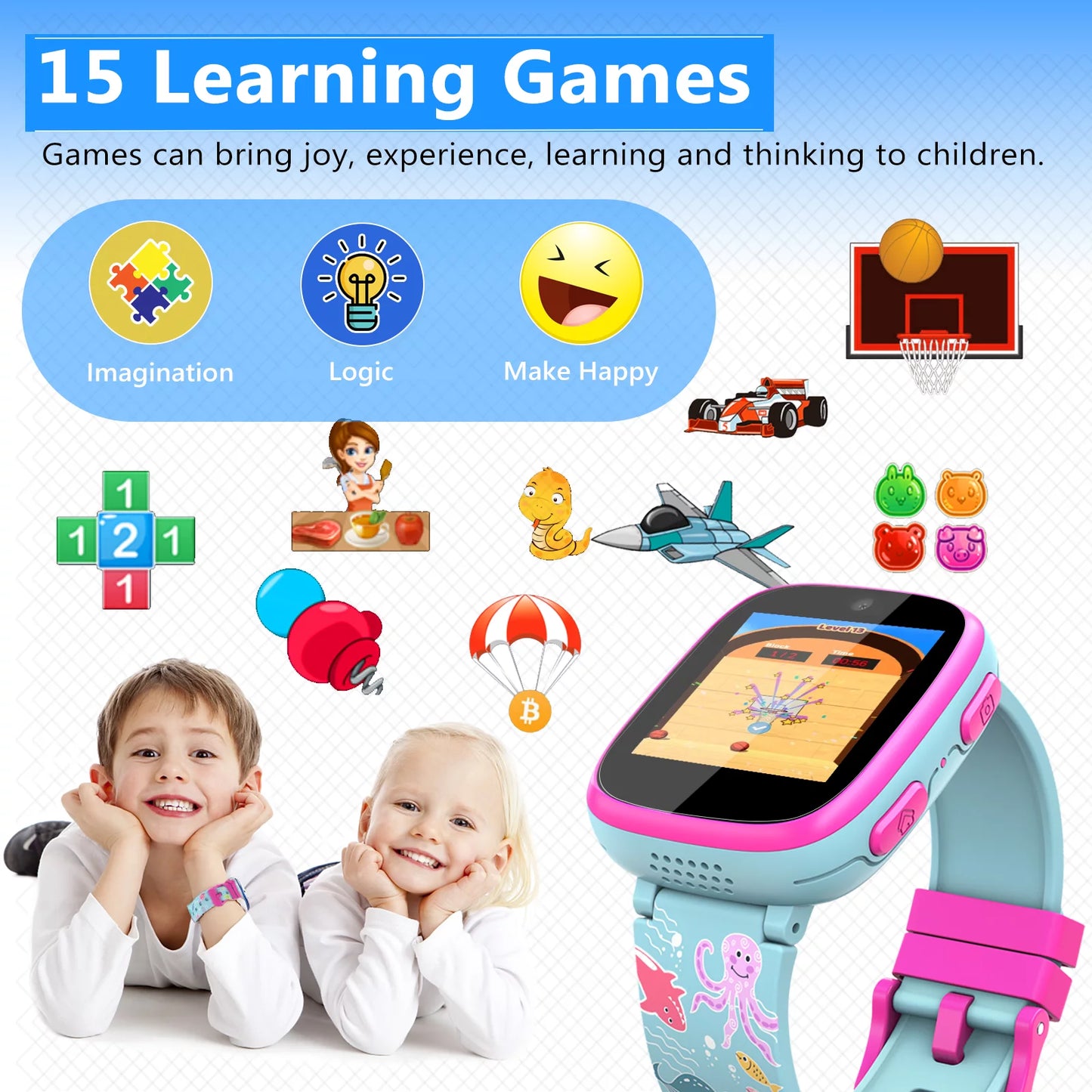 Kids Smart Watch for Girls Boys - Aquatic Creatures Style Wristwatch, 2023 New Version Upgrade Children Smartwatch, Blue