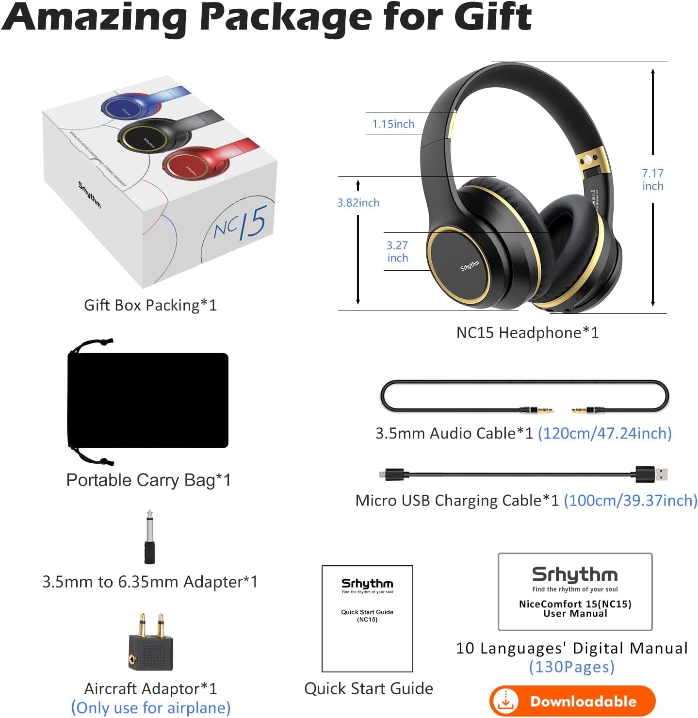 NC15 Noise Cancelling Headphones Bluetooth Over-Ear Headset with Mic for Teens, Adults Online Class/Home Office/Tv/Pc/Phone