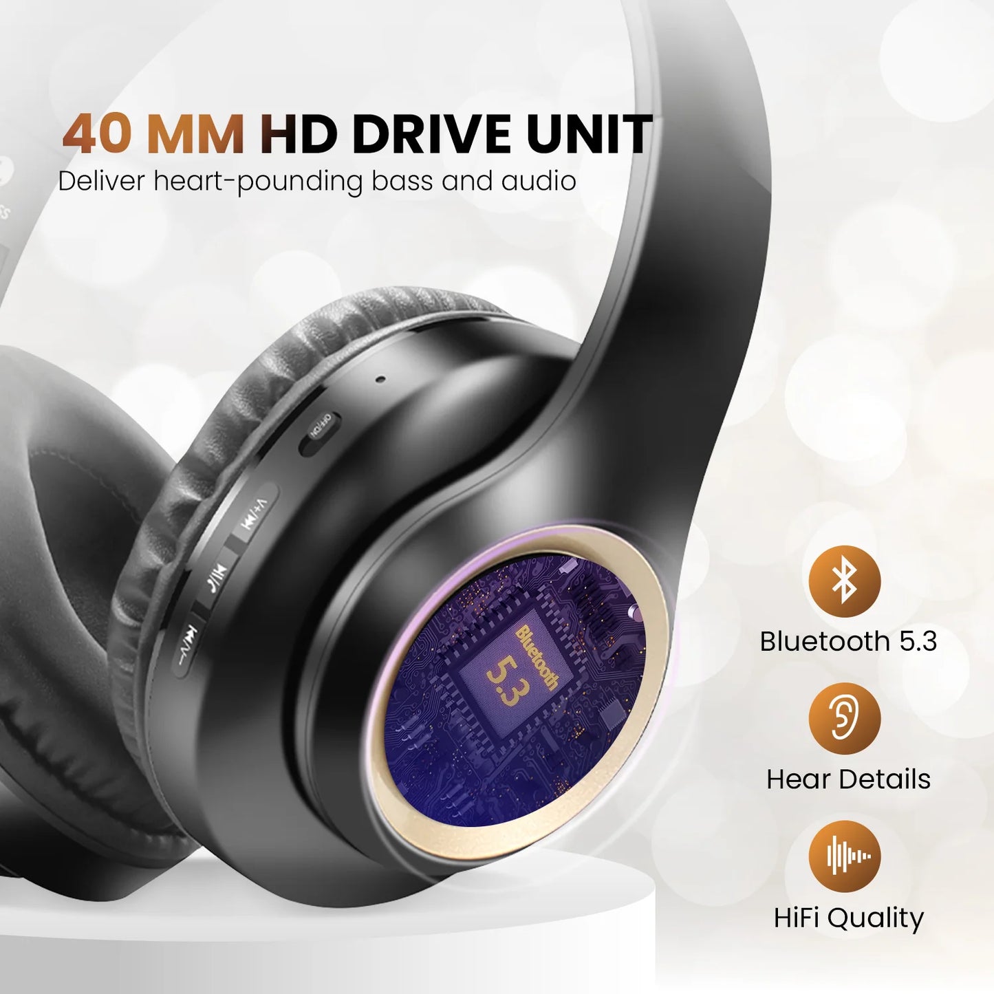 Bluetooth Headphones over Ear,Hybrid Active Noise Cancelling Headphones, Wireless Headphones with Microphone,Hifi Stereo Foldable Lightweight Wireless Headset Black Gold