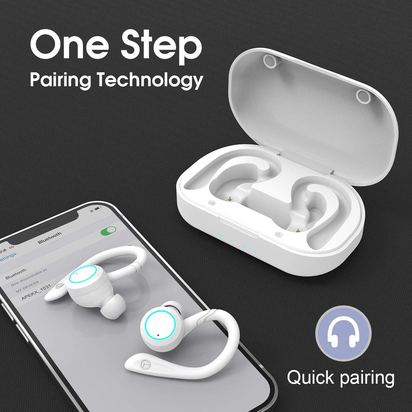 True Wireless Earphones with Charging Case IPX 7 Waterproof over Ear Bluetooth Headphones Built-In Mic Deep Bass Headset for Sport Running - White