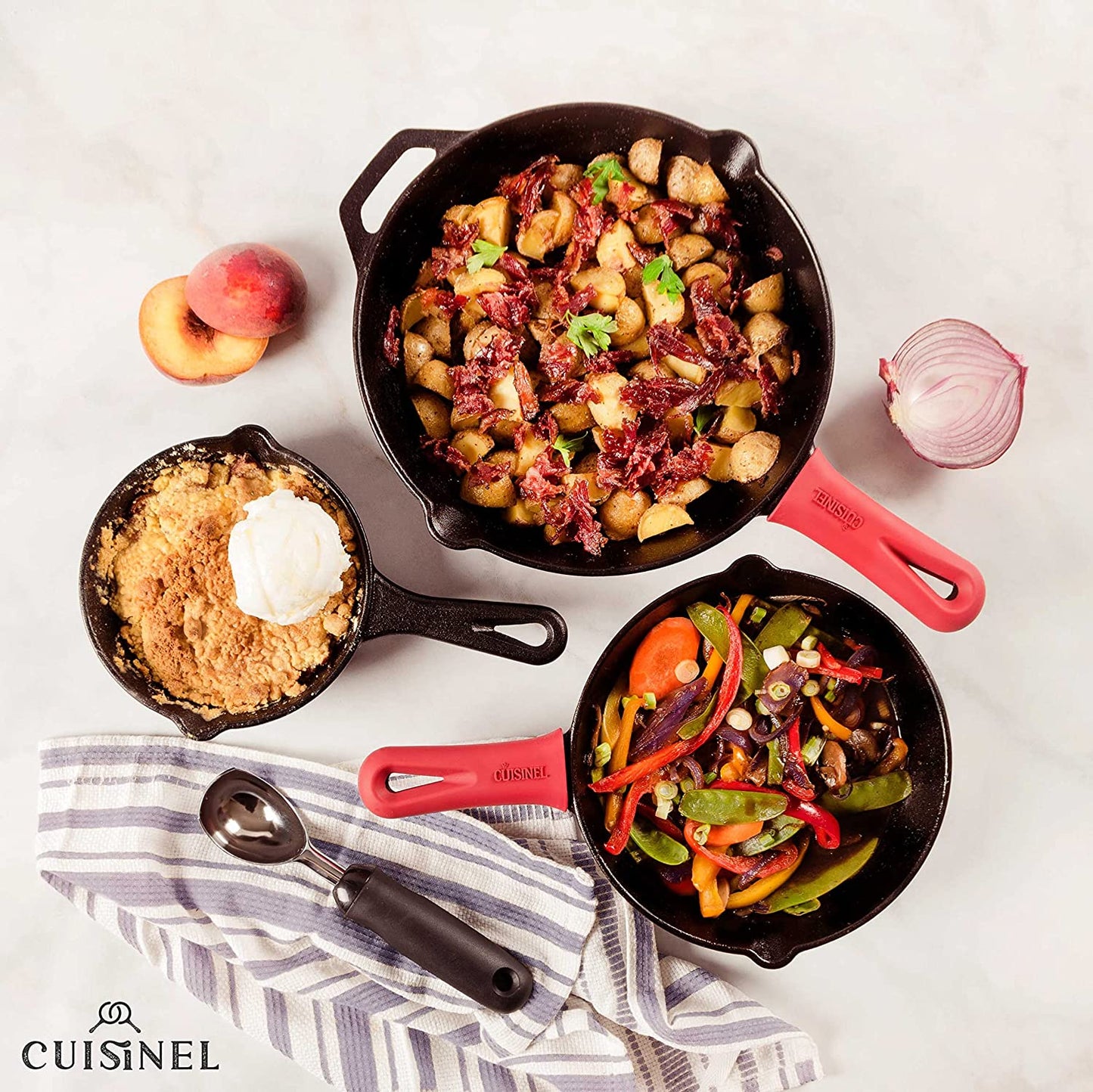 "Ultimate Cast Iron Skillets Set - Pre-Seasoned 12", 10", & 8" Frying Pans with Silicone Grip Covers - Versatile Cookware for Indoor/Outdoor Cooking, BBQ, Oven, and More!"