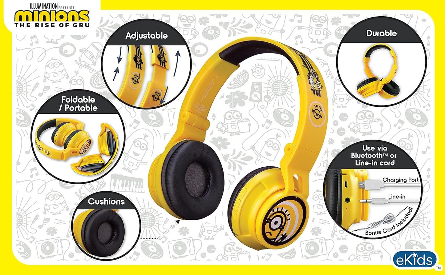 Minions Kids Bluetooth Headphones, Wireless Headphones with Microphone Includes Aux Cord, Volume Reduced Kids Foldable Headphones for School, Home, or Travel
