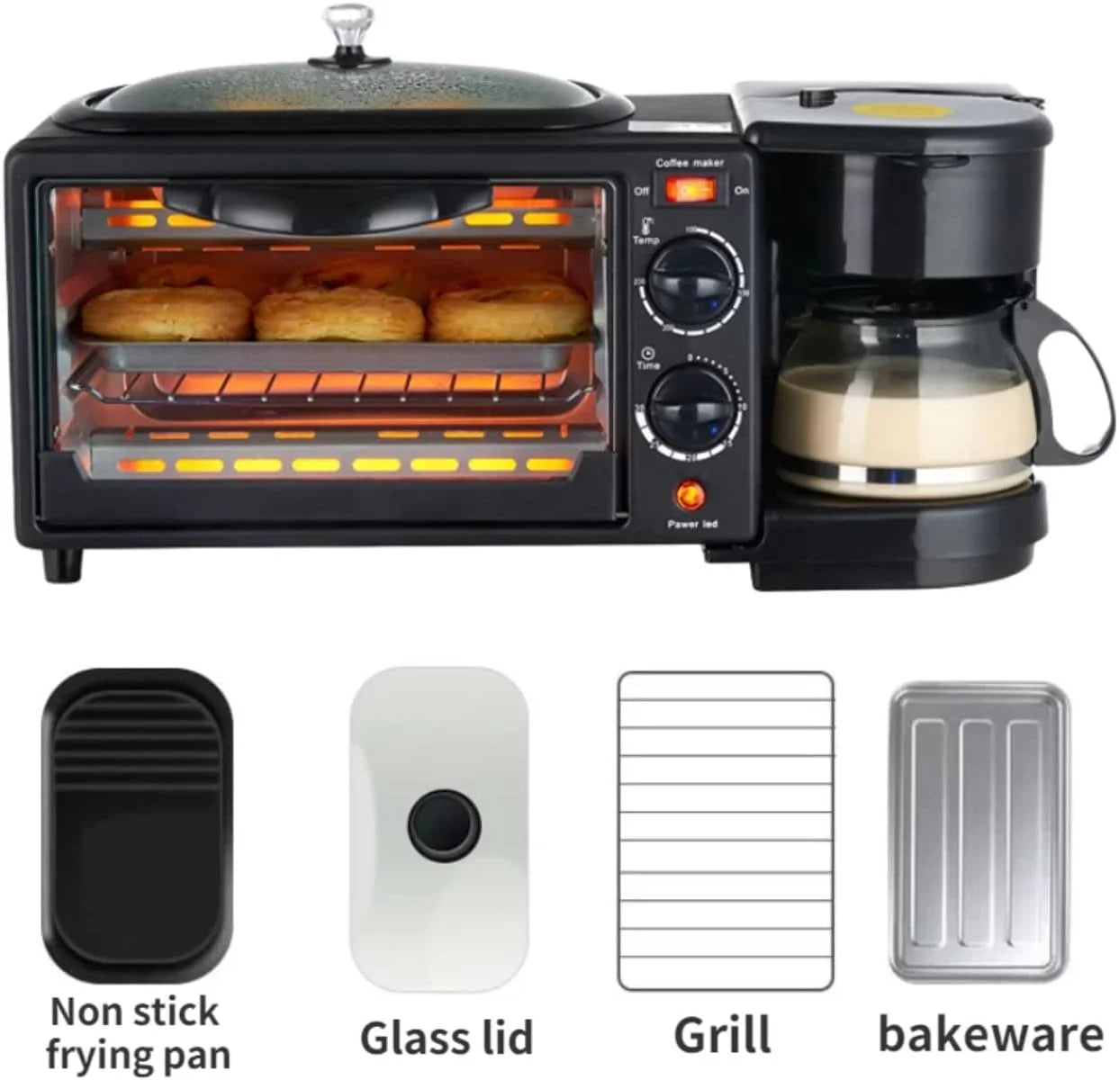 3-In-1 Breakfast Station - Coffee Maker, Non-Stick Griddle, and Toaster Electric Oven - Versatile Breakfast Maker Machine with Timer- Black