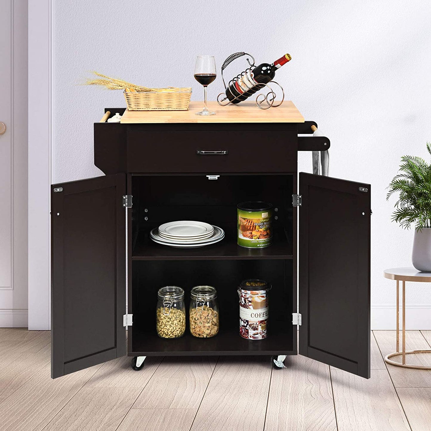 Rolling Kitchen Island, Kitchen Trolley Cart with Spice Rack, Large Drawer, Towel Rack, Storage Pantry Cabinet with Adjustable Shelf, Kitchen Cart on Wheels, Dining Room Furniture (Espresso)