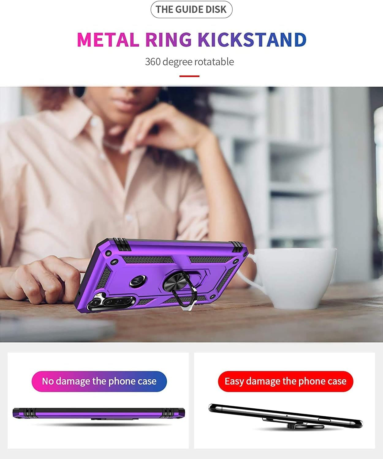 Moto G Stylus (2020) Case, Moto G Pro (2020) Case, with Tempered Glass Screen Protectors, Ring Kickstand Car Mount Shockproof Cover Case for Motorola Moto G Stylus/Pro, Purple