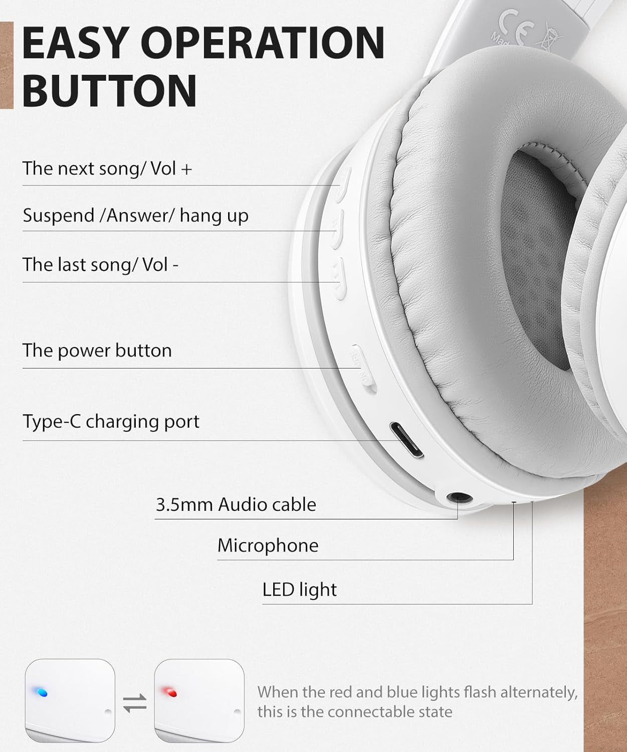 E9 over Ear Bluetooth Headphones for Kids Children Boy Girl Adult, Stereo Foldable Wired/Wireless Headphones with Microphone for School Travel Tablet PC TV, Include Case, White Grey
