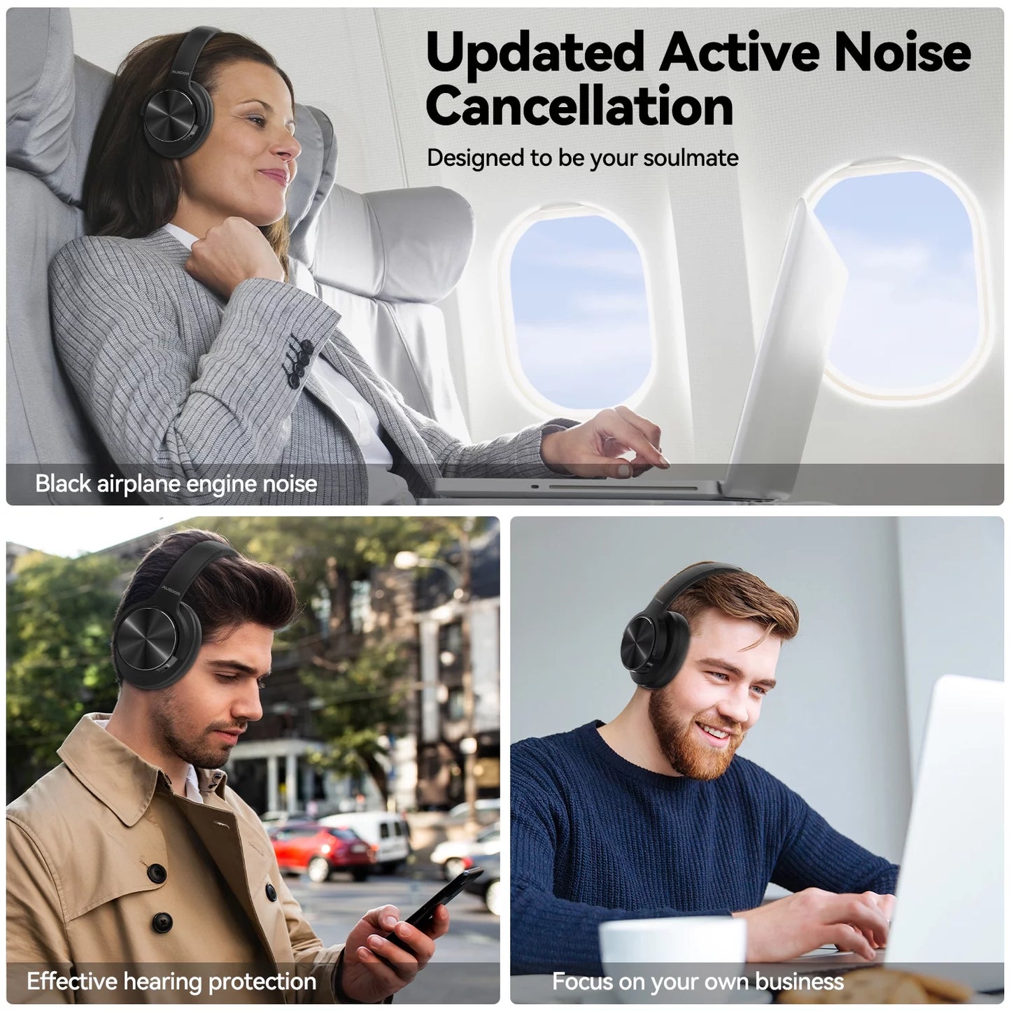 E9 Noise Cancelling Headphones,Wireless Bluetooth over Ear Headphones with Microphone - Black