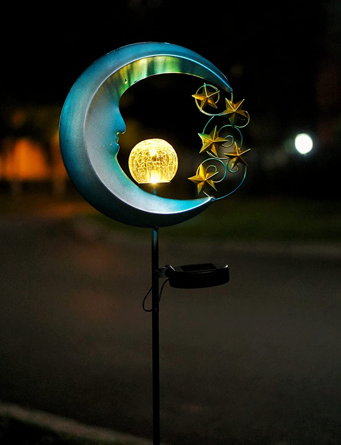 Solar Moon Lights, Outdoor Garden Lights with Crackle Glass Ball and Golden Stars, Waterproof Pathway Stake Lights for Lawn, Patio, Yard (1 Pack, Blue)