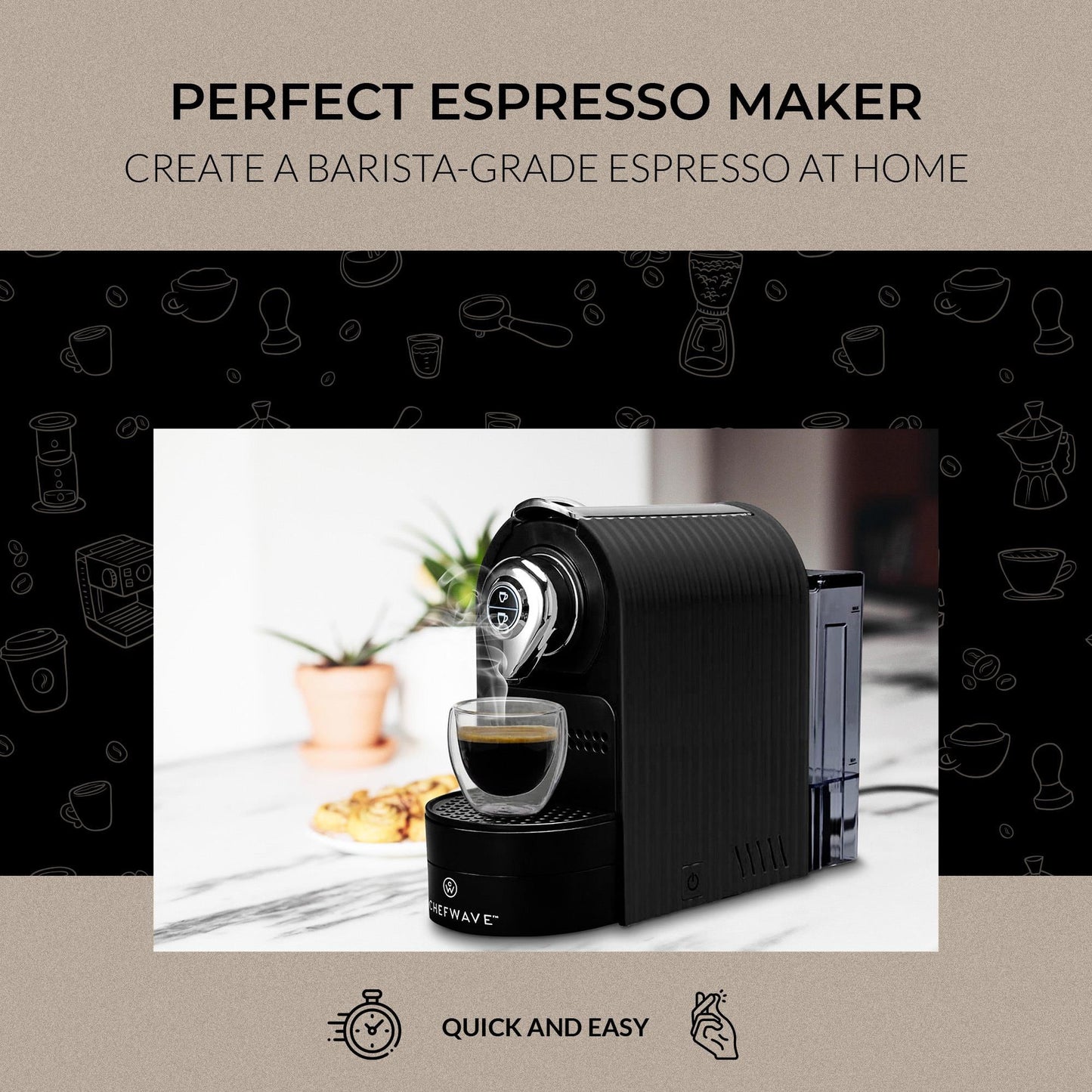 Espresso Machine for Nespresso Capsules (Black) with Holder and Cups