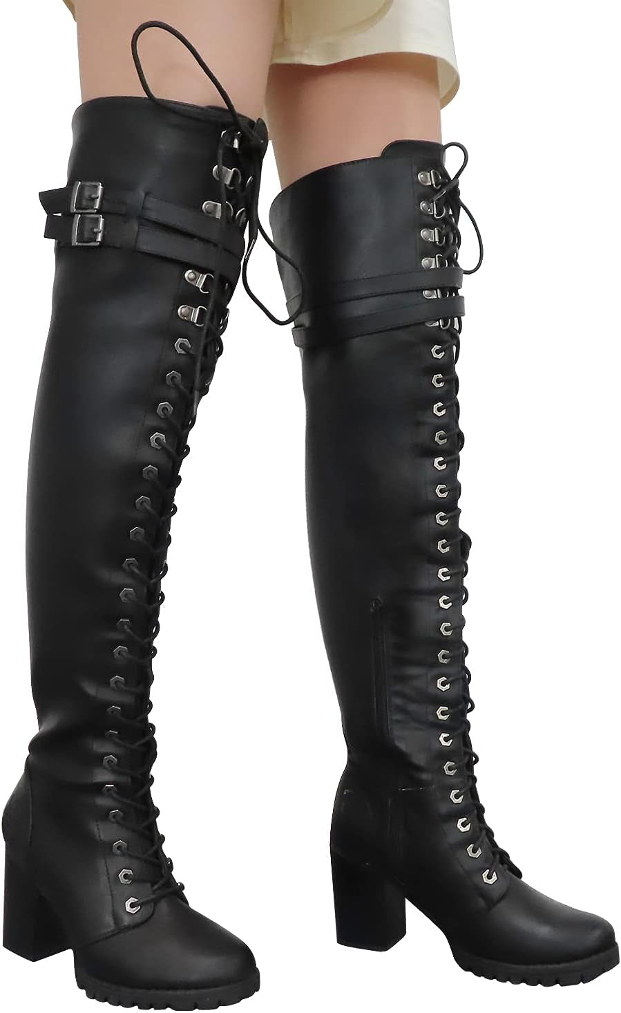 Ladies Knee High Laced Boots Sexy over the Knee Boots for Women Black Motorcycle Leather Boots with Calf Buckle