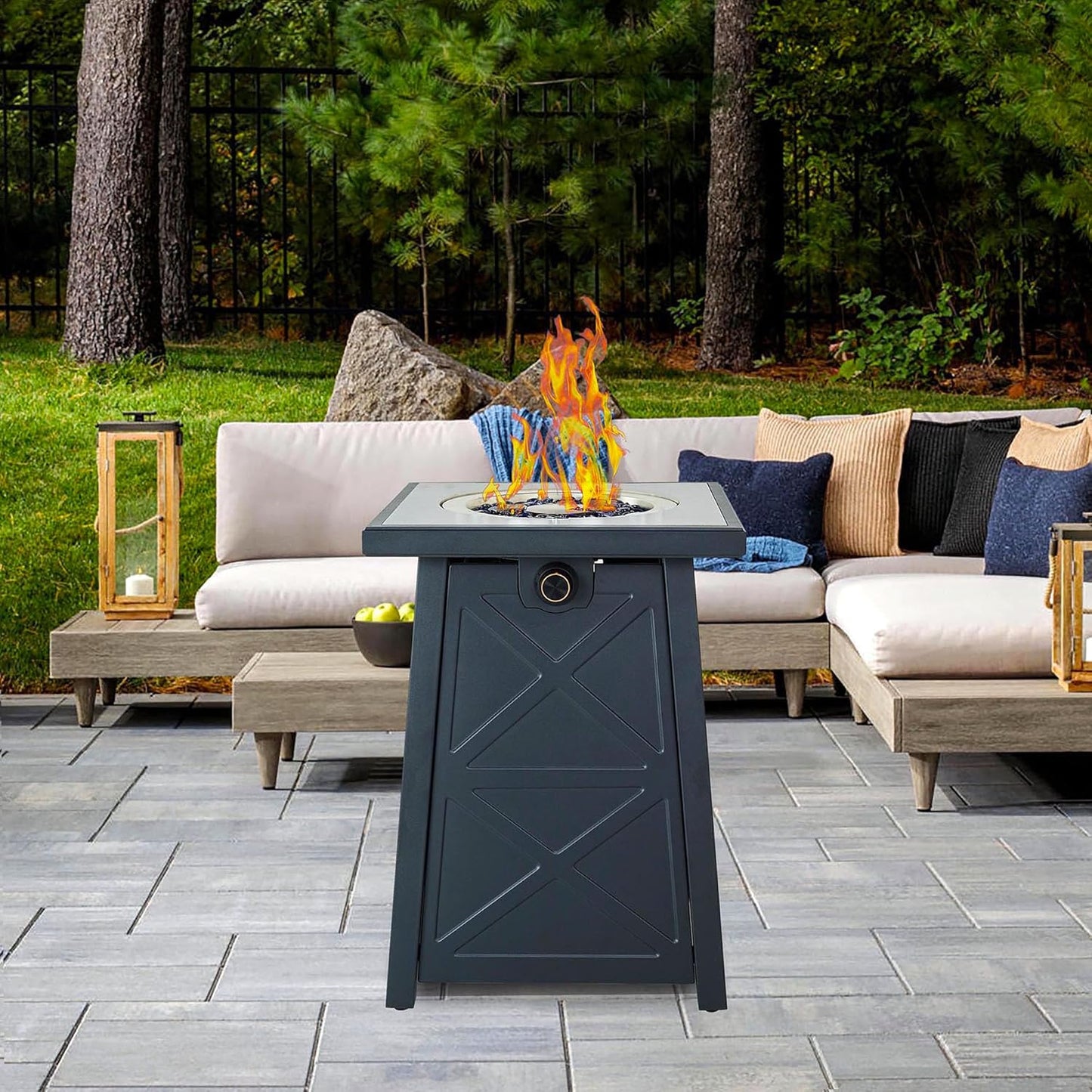 19.5-Inch Propane Fire Pit, Porcelain Tile Top Gas Fire Pit Table, 40,000 BTU Propane Gas Firebowl Column Modern Pattern W/Glass Rocks, Cover, Lid, No Wind Guard