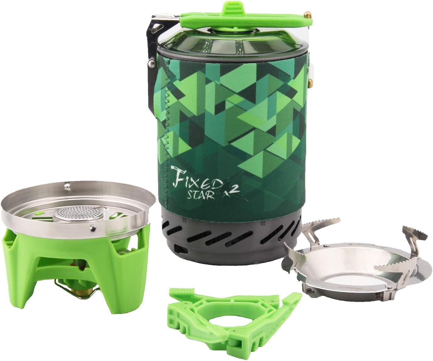 Fire Maple FMS-X2 X3 Compact One-Piece Camping Stove Heat Exchanger Pot Camping Equipment Set Flash Personal Cooking System (Star-2,Green)