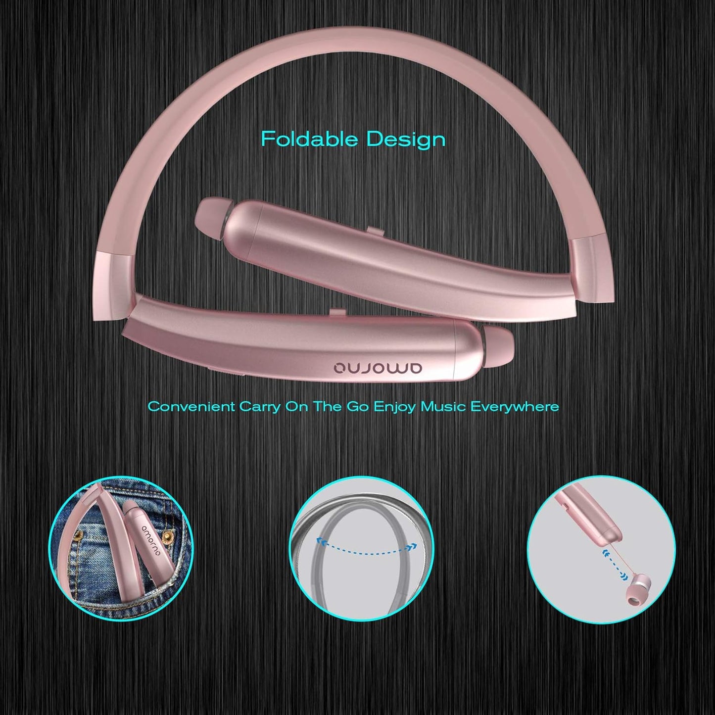 Foldable Bluetooth Headphones, Wireless Neckband Sports Headset with Retractable Earbuds, Sweatproof Noise Cancelling Stereo Earphones with Mic & Carrying Case (Gold)