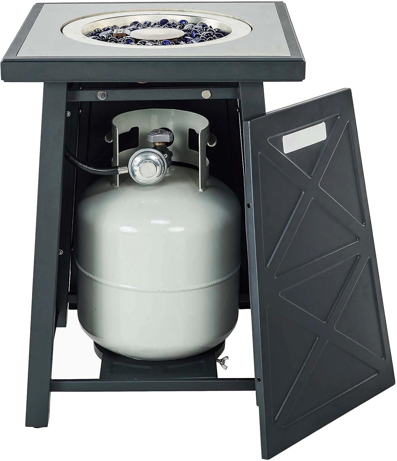19.5-Inch Propane Fire Pit, Porcelain Tile Top Gas Fire Pit Table, 40,000 BTU Propane Gas Firebowl Column Modern Pattern W/Glass Rocks, Cover, Lid, No Wind Guard