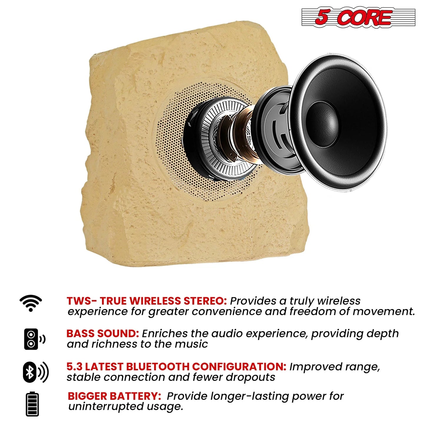5Core Outdoor Speakers Bluetooth Waterproof Wireless Linkable TWS 10W Pool Patio Garden Rock Subwoofer