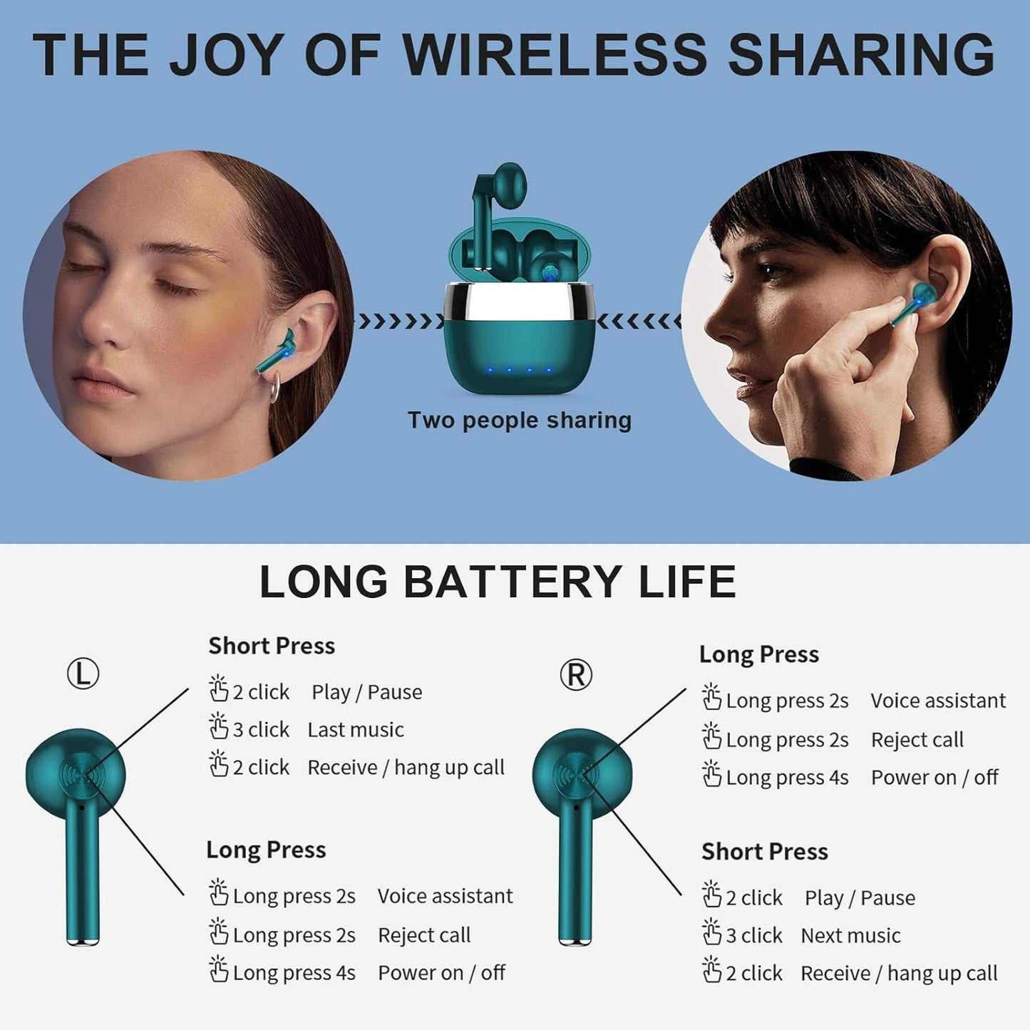 Wireless Earbuds, Bluetooth 5.2 ENC Noise Cancelling Deep Bass In-Ear Stereo Earphones, IPX6 Waterproof Headphones with Mic, USB-C Charging Case, Touch Control Ear Buds Headset for Iphone Android Ios