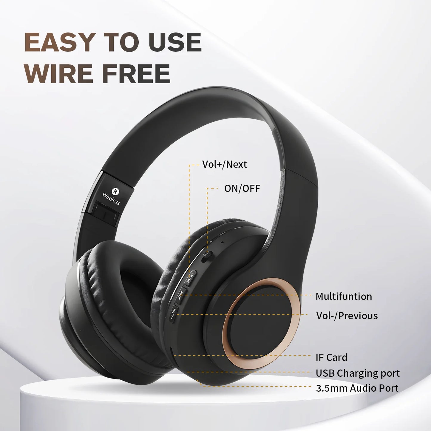 Bluetooth Headphones over Ear,Hybrid Active Noise Cancelling Headphones, Wireless Headphones with Microphone,Hifi Stereo Foldable Lightweight Wireless Headset Black Gold