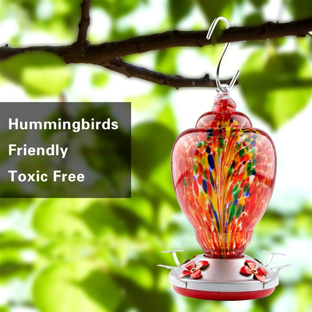 Hummingbird Feeder for Outdoors Patio Large 32 Ounces Colorful Hand Blown Glass Hummingbird Feeder with Ant Moat Hanging Hook, Rope, Brush and Service Card (Red-Firework)