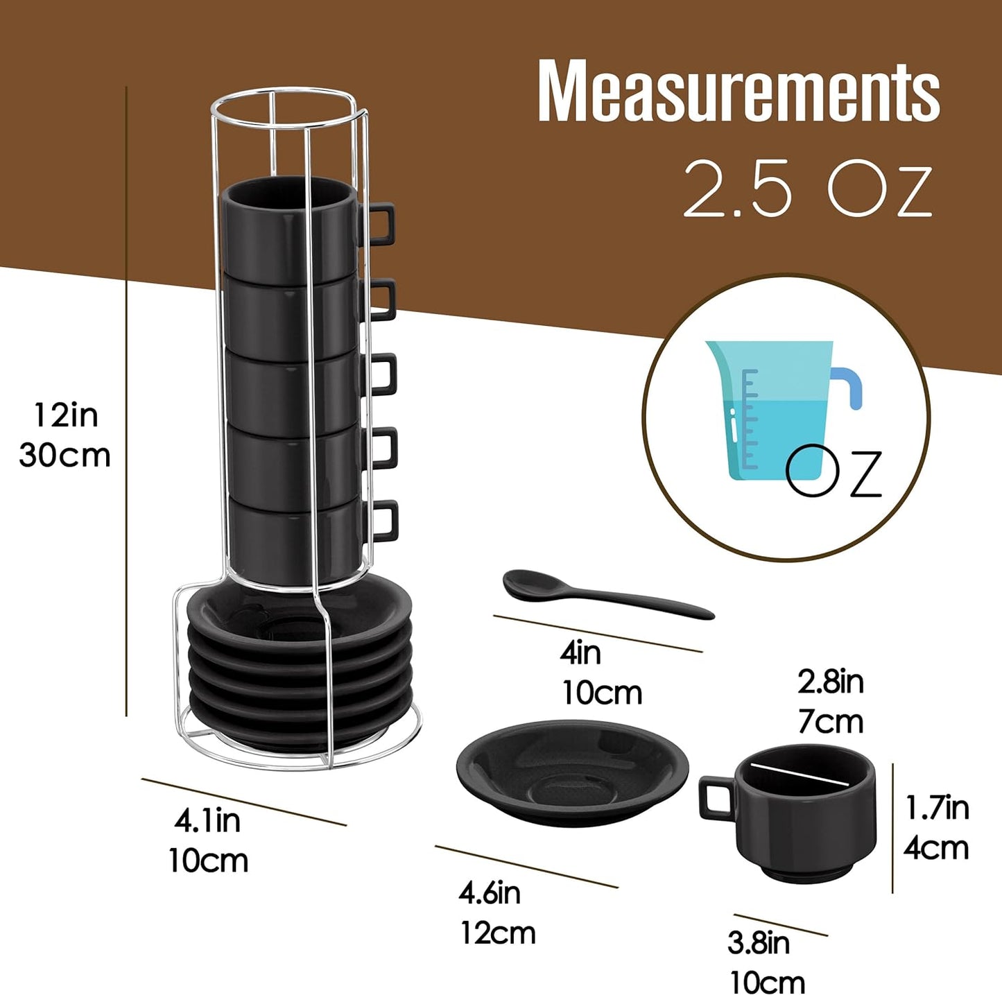 Espresso Cups and Saucers with Spoons, Black, Stackable Demitasse with Metal Stand, 19 Pieces, 2.5 Ounce, Porcelain, Tea Kit, Teacups, Turkish Coffee Mug, Organizer Rack