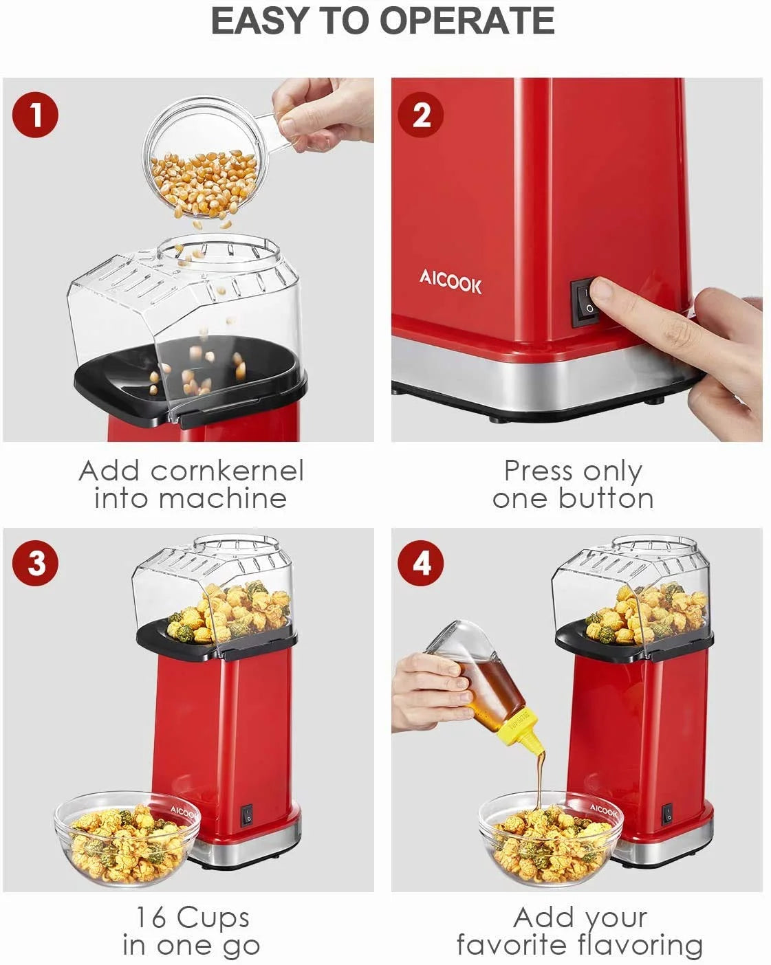18Cups Hot Air Popcorn Popper Maker, 1400W, Oil-Free, with Measuring Cup, Red