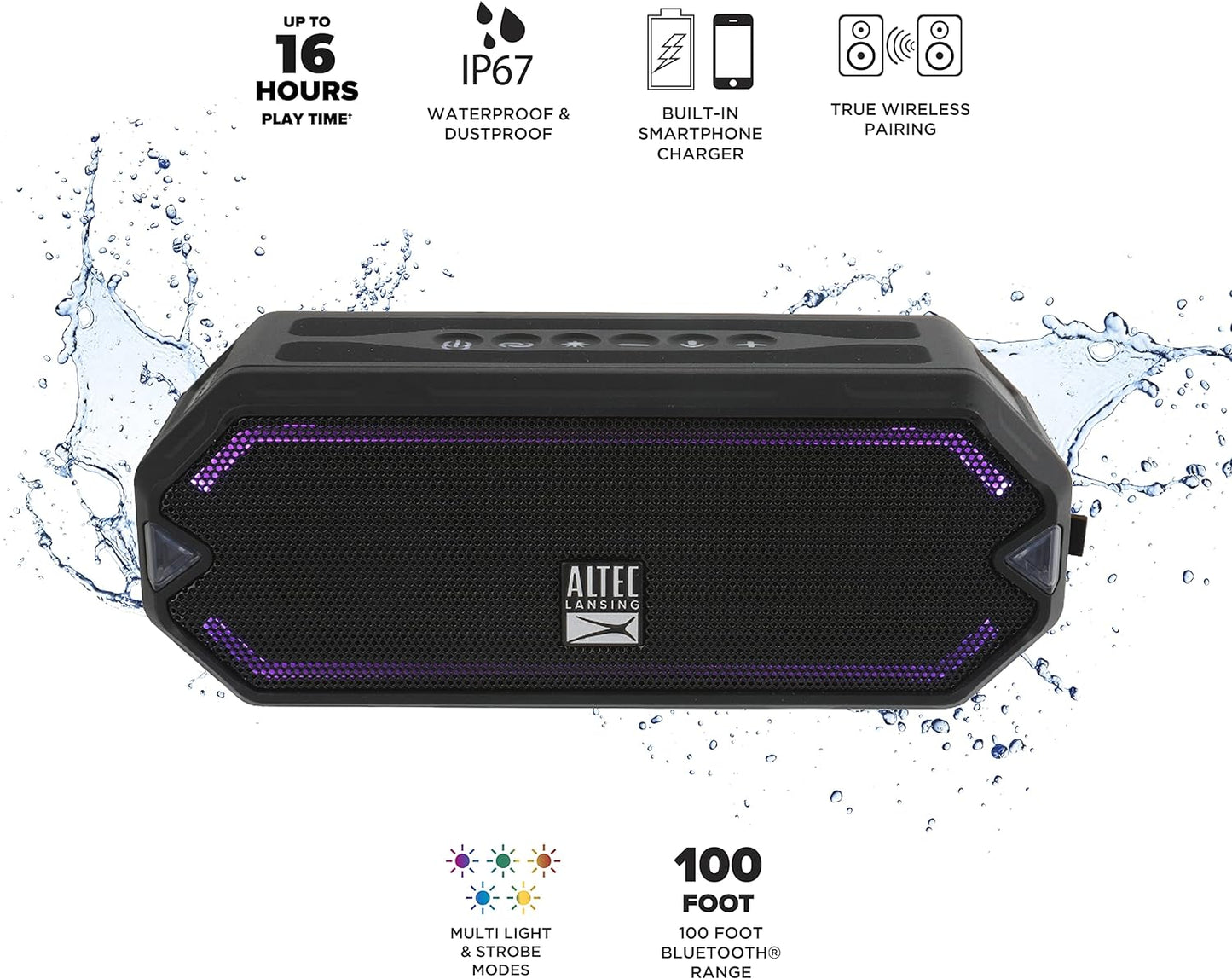 - Hydrajolt Wireless Bluetooth Speaker, Waterproof Portable Speakers with Built in Phone Charger and Lights, Everything Proof Outdoor, Shockproof, Snowproof, 16 Hours Playtime