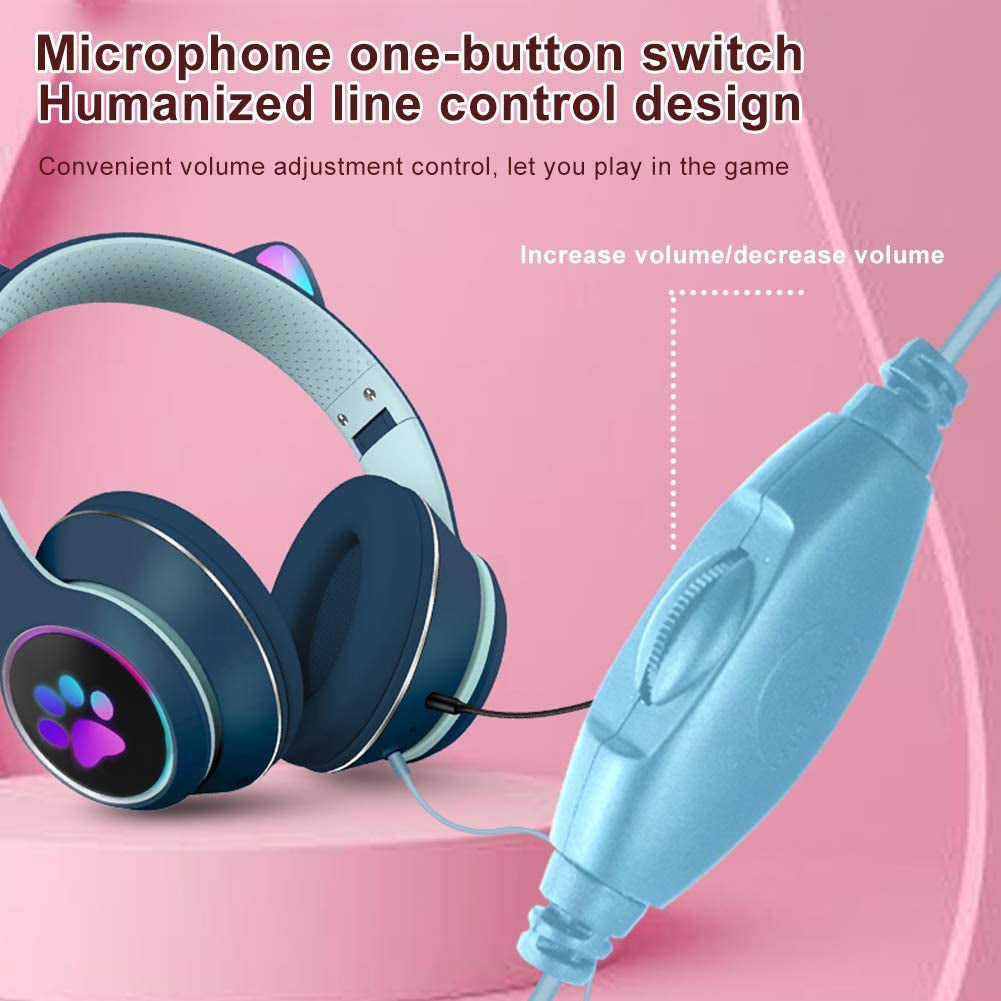 Ear Headphones, Cat Ear LED Light up Foldable Headphones Hifi 3.5MM Noise Reduction Headphones Computer Gaming Headset Cat Ear Headphone with Microphone and Volume Control