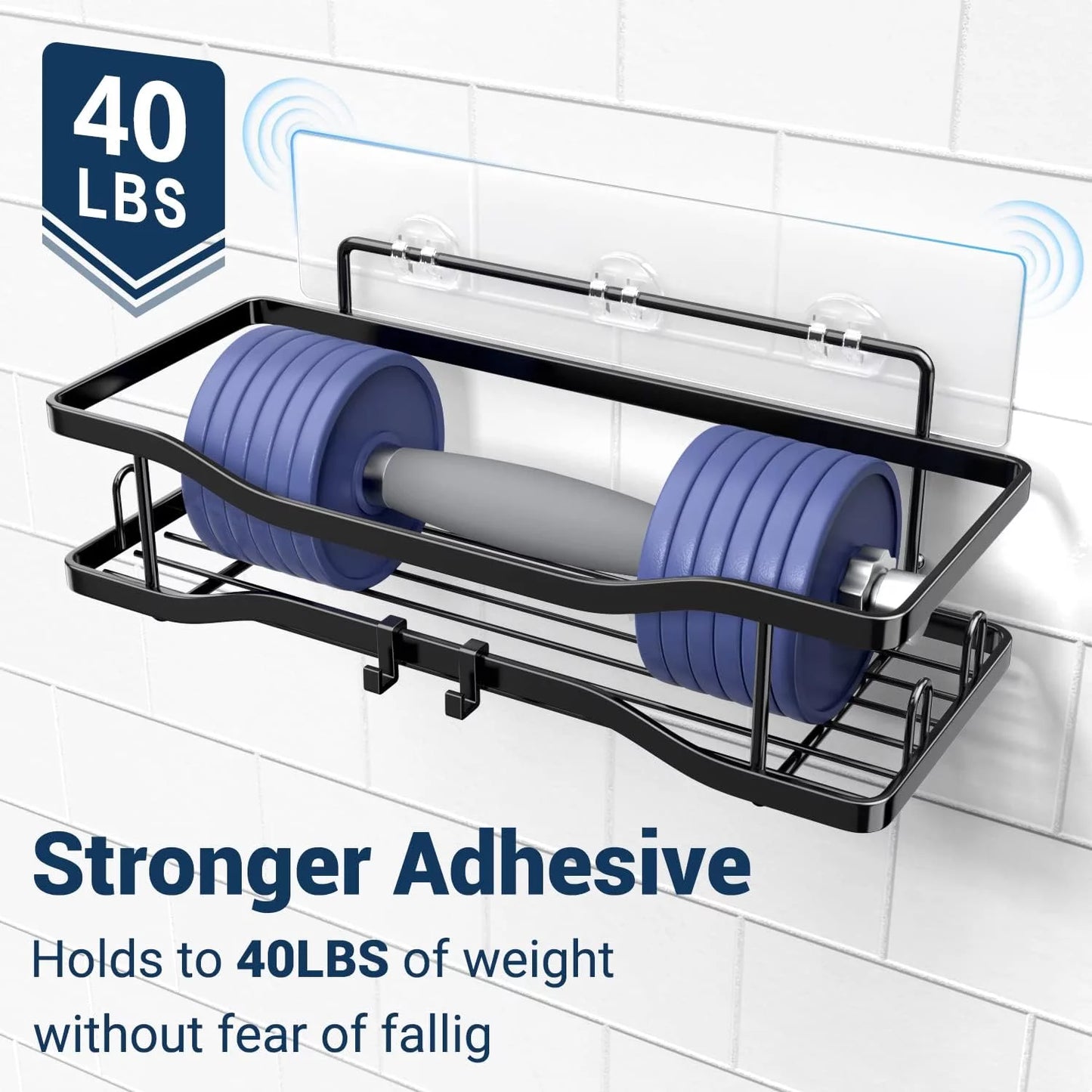 Bathroom Shower Caddy , 2 Pack Stainless Steel Adhesive Shelves with Hooks, Toothpaste & Soap Holder, No Drilling Rustproof Bathroom Shower Organizer for Shower Storage Black