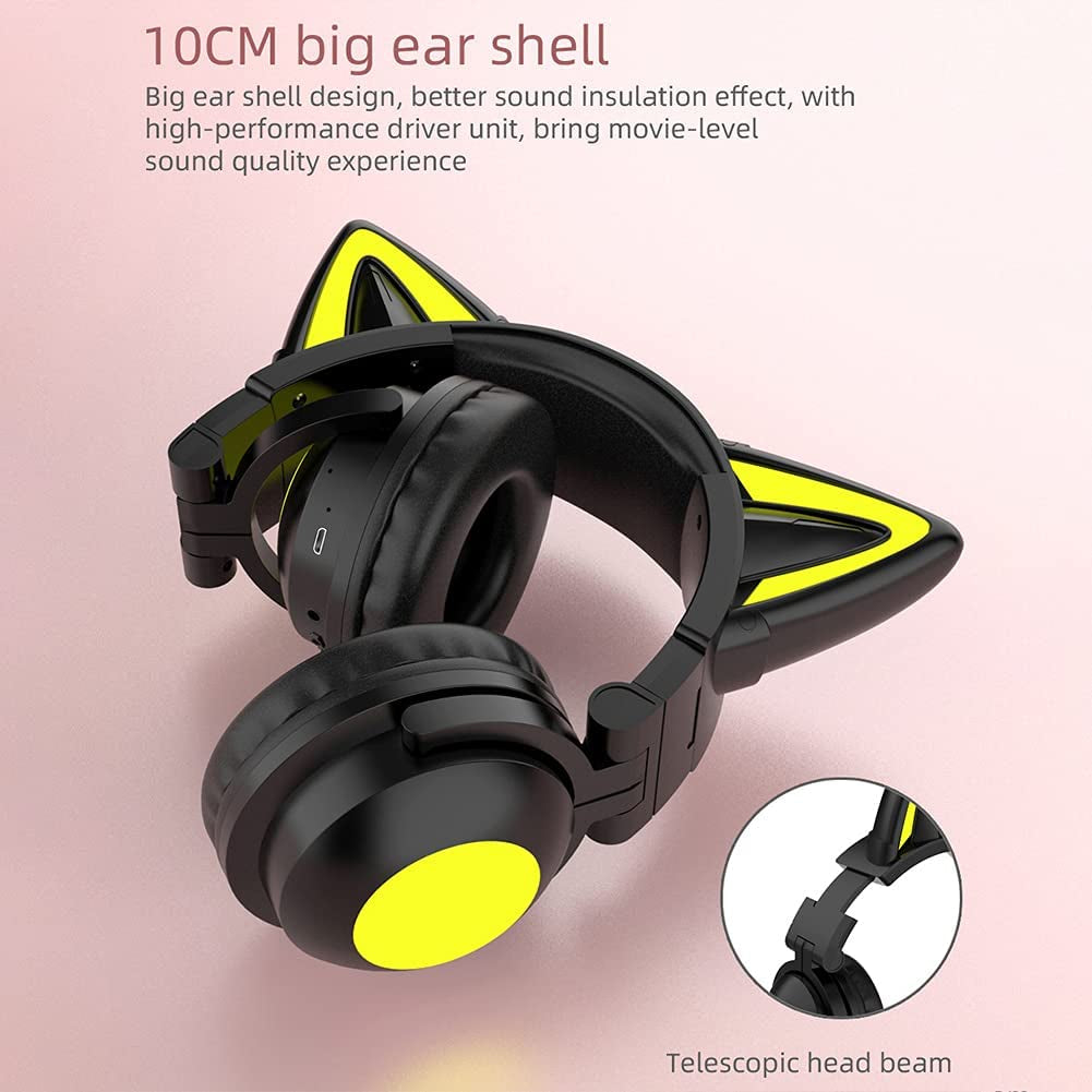 Cat Ear Wireless Headphones with Microphone, with LED Light up over Ear Headphones Adjustable Volume and Foldable Headset for Tablet PC Cell Phones(Black)