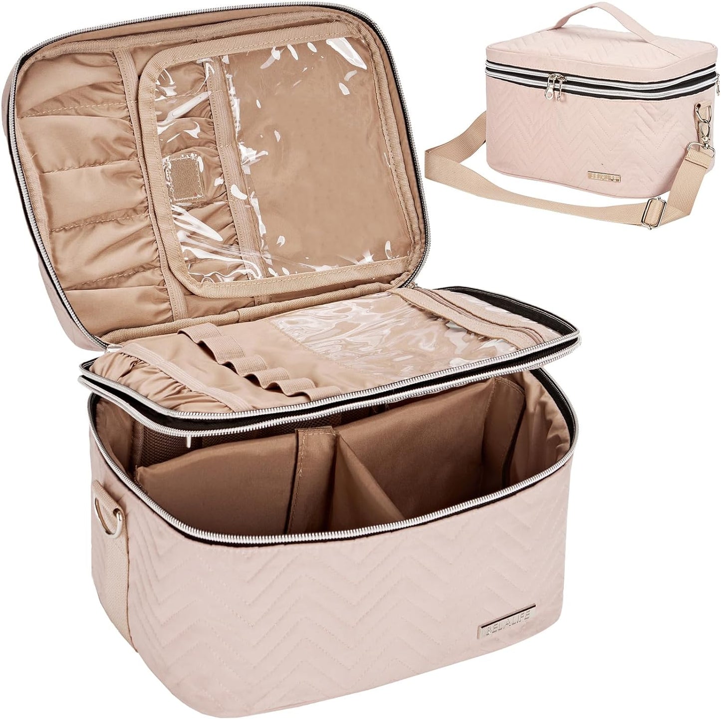 Double Layer Makeup Bag for Travel, Portable Cosmetic Organizer for Brushes Sets, Large Toiletry Holder with Straps, Pink