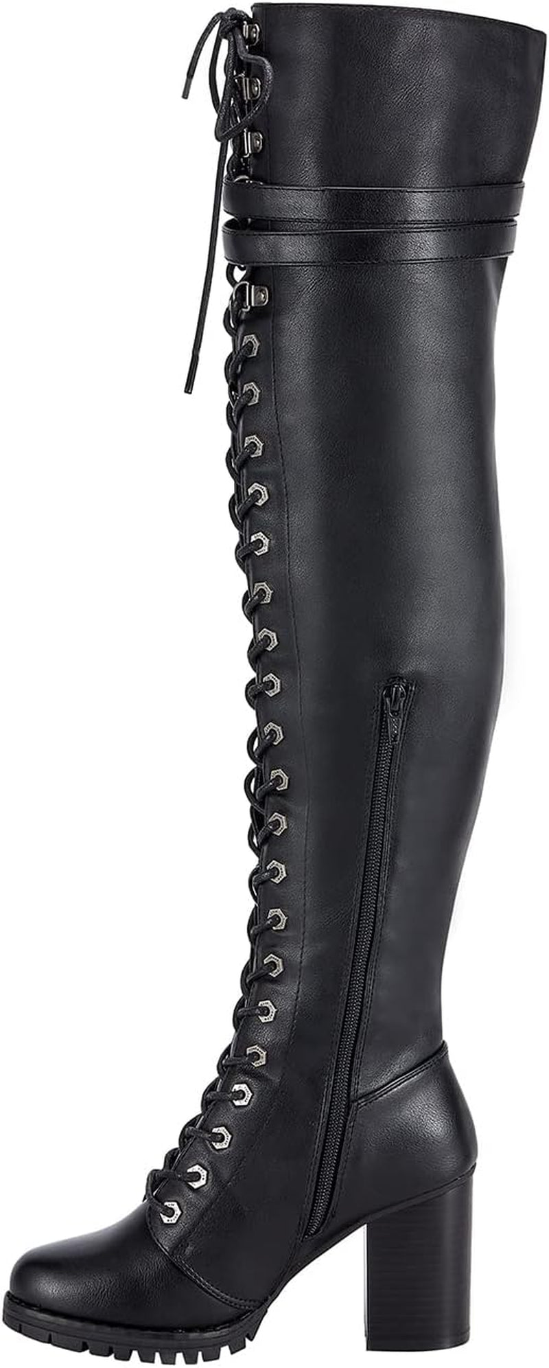 Ladies Knee High Laced Boots Sexy over the Knee Boots for Women Black Motorcycle Leather Boots with Calf Buckle