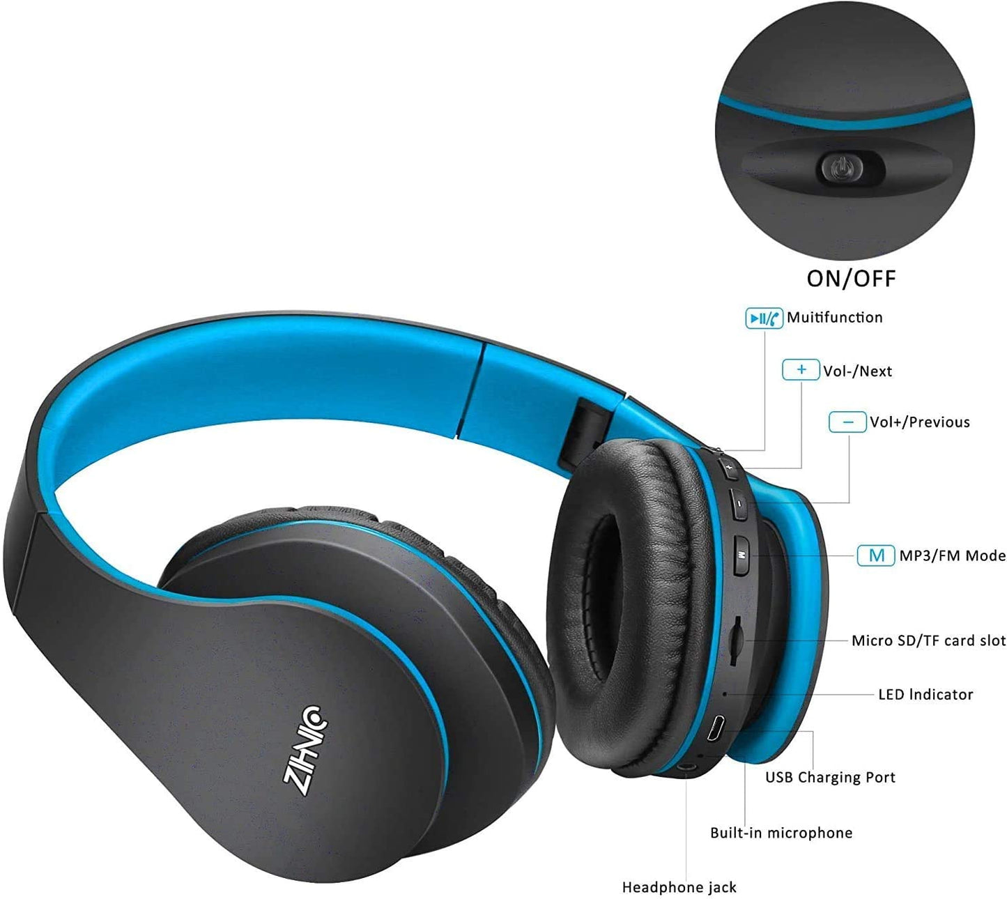 Bluetooth Headphones Over-Ear, Foldable Wireless and Wired Stereo Headset Micro SD/TF, FM for Cell Phone,Pc,Soft Earmuffs &Light Weight for Prolonged Wearing (Black/Blue)