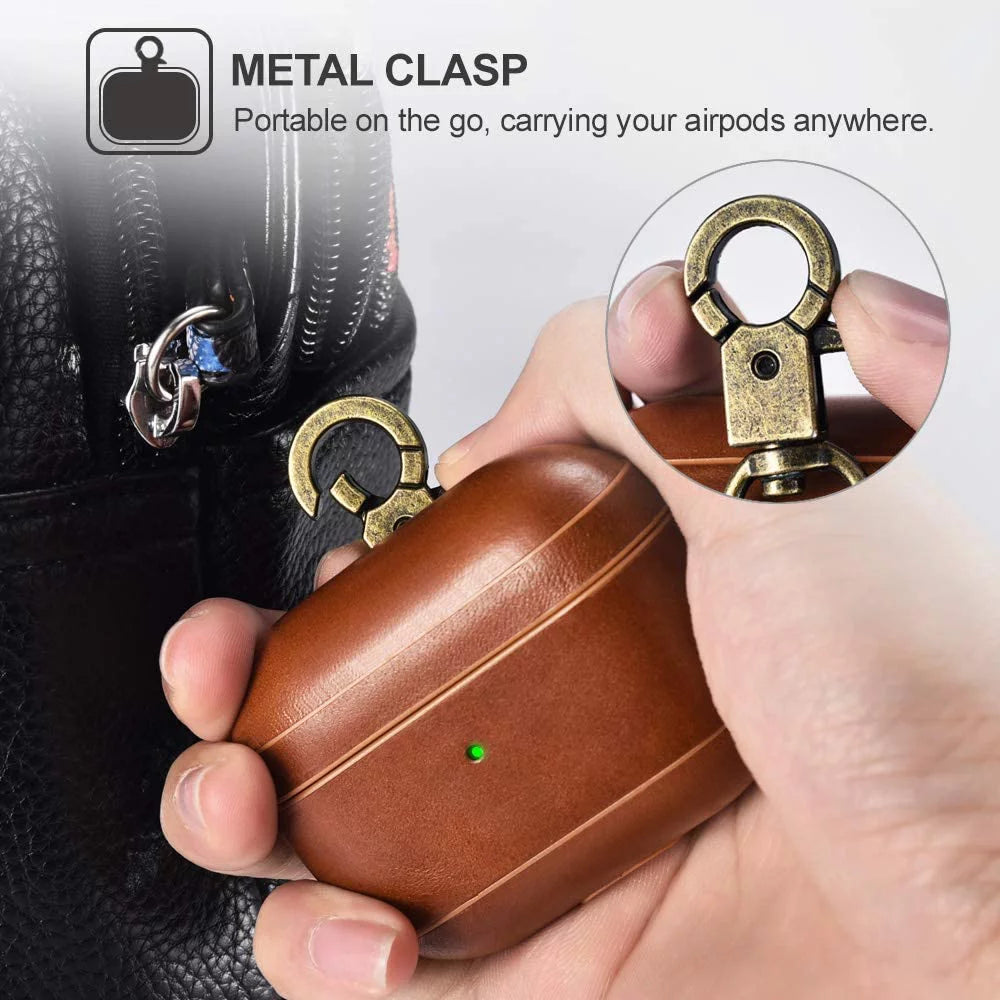Airpods Pro Leather Case with Strap, Genuine Leather Portable Protective Shockproof Cover for Apple Airpods Pro Case Keychain Support Wireless Charging ( OLD MODEL )