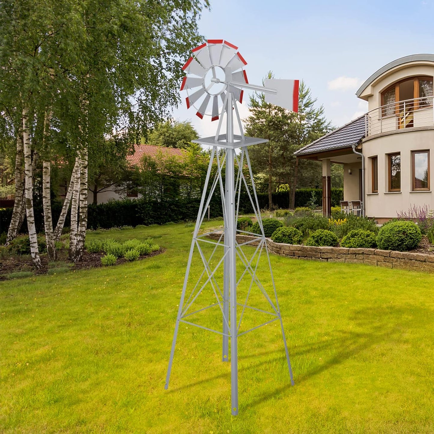 8FT Ornamental Windmill Backyard Garden Decoration Weather Vane, Heavy Duty Metal Wind Mill Weather Resistant 4 Legs Design (Grey)