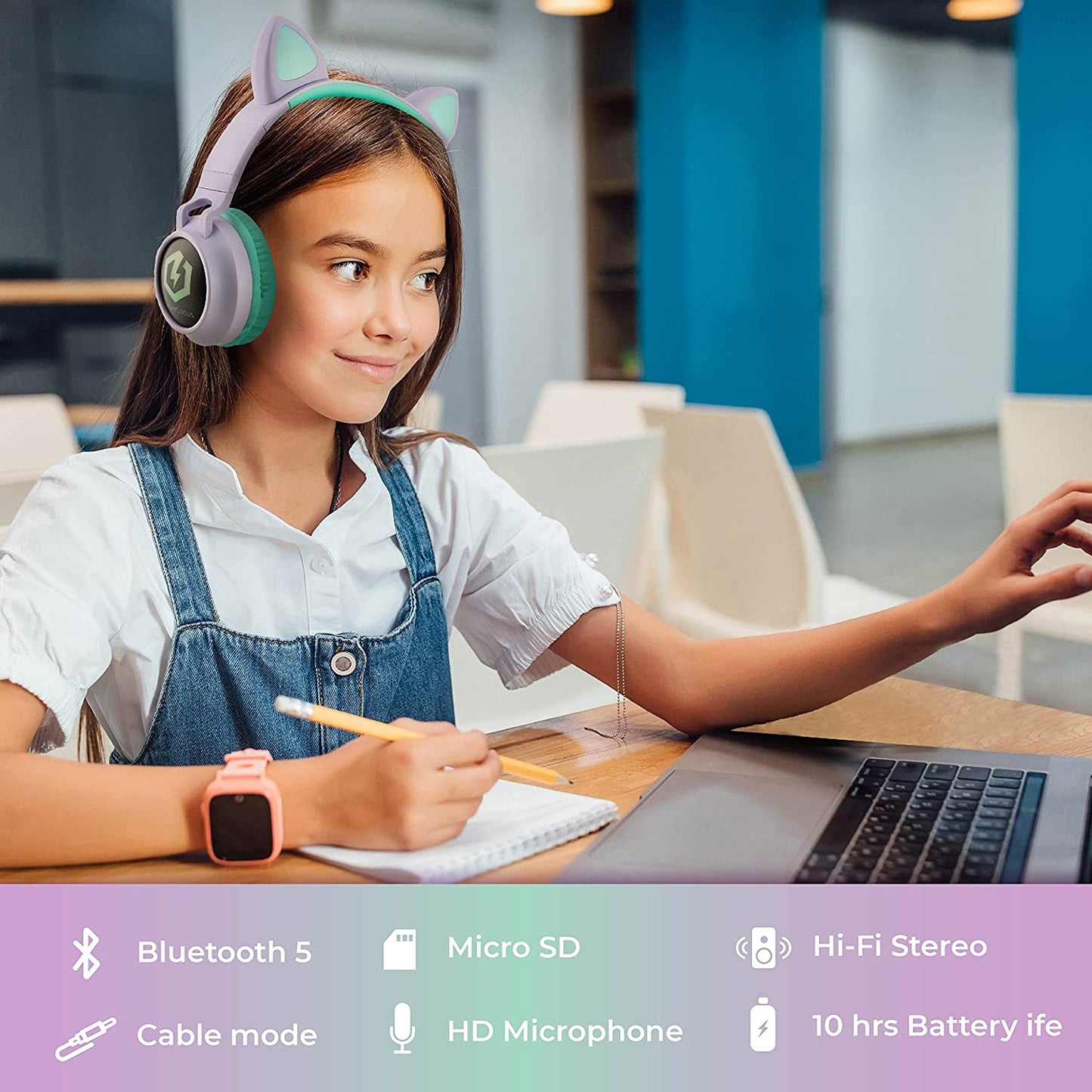 Kids Cat Ear Headphones, Kids Bluetooth Headphones, LED Lights Up, Safe Volume Limit, Micro SD/TF, Bluetooth 5.3, Kids Headphones Wireless for Ipad, Travel,Tablet (Purple/Teal)