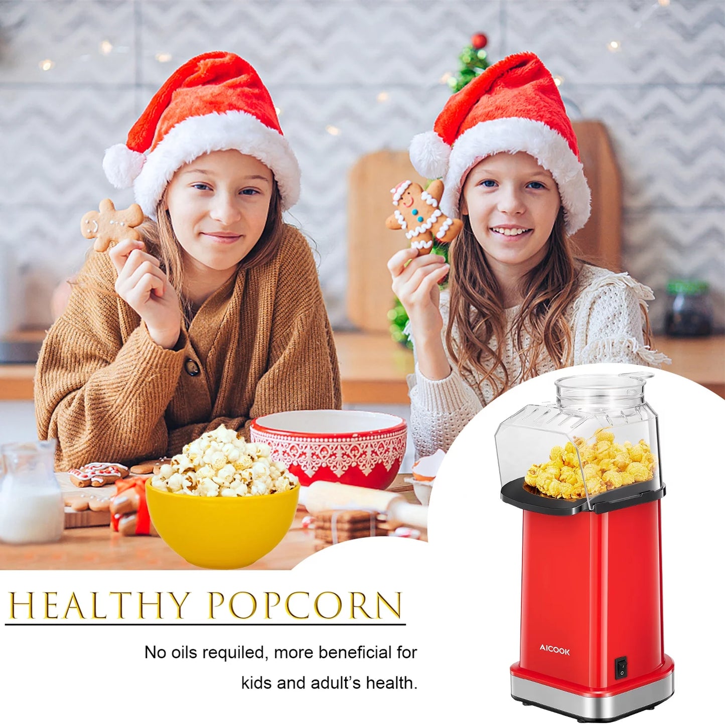 18Cups Hot Air Popcorn Popper Maker, 1400W, Oil-Free, with Measuring Cup, Red
