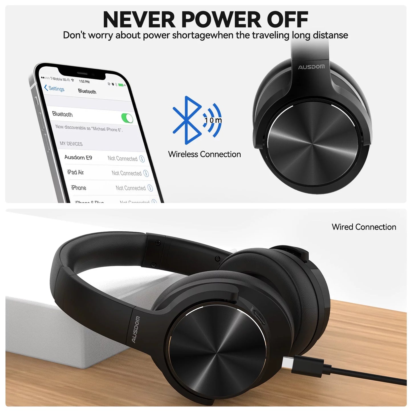 E9 Noise Cancelling Headphones,Wireless Bluetooth over Ear Headphones with Microphone - Black
