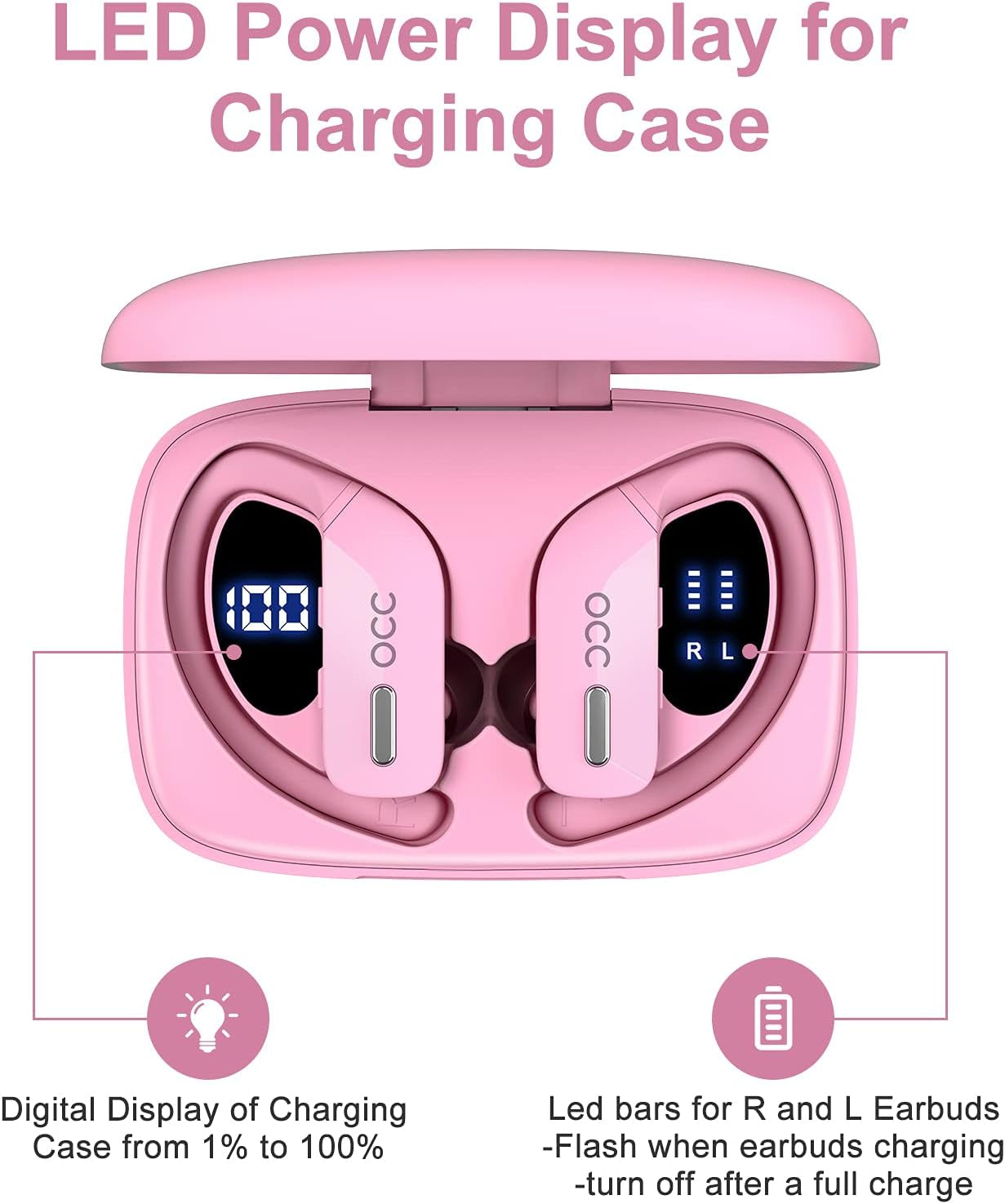 Wireless Earbuds Bluetoth Headphones 48H Play Back Earphones in Ear Waterproof with Microphone LED Display for Sports Running Workout Pink