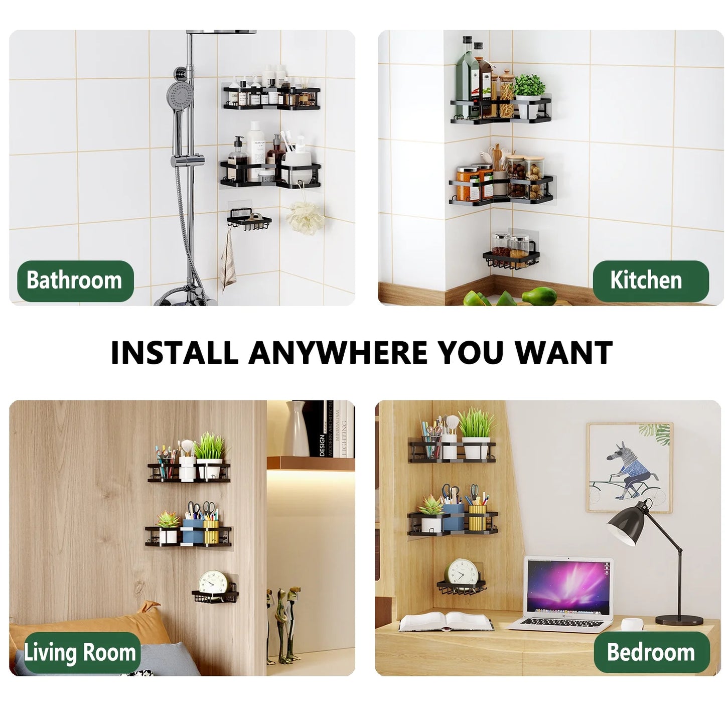 3 PCS Corner Shower Caddy Shower Organizer, 2 Tier Self-Adhesive Bathroom Organizer Shower Caddy Basket with Soap Holder, No Drilling Wall Mounted Rustproof Stainless Steel Shower Rack Black