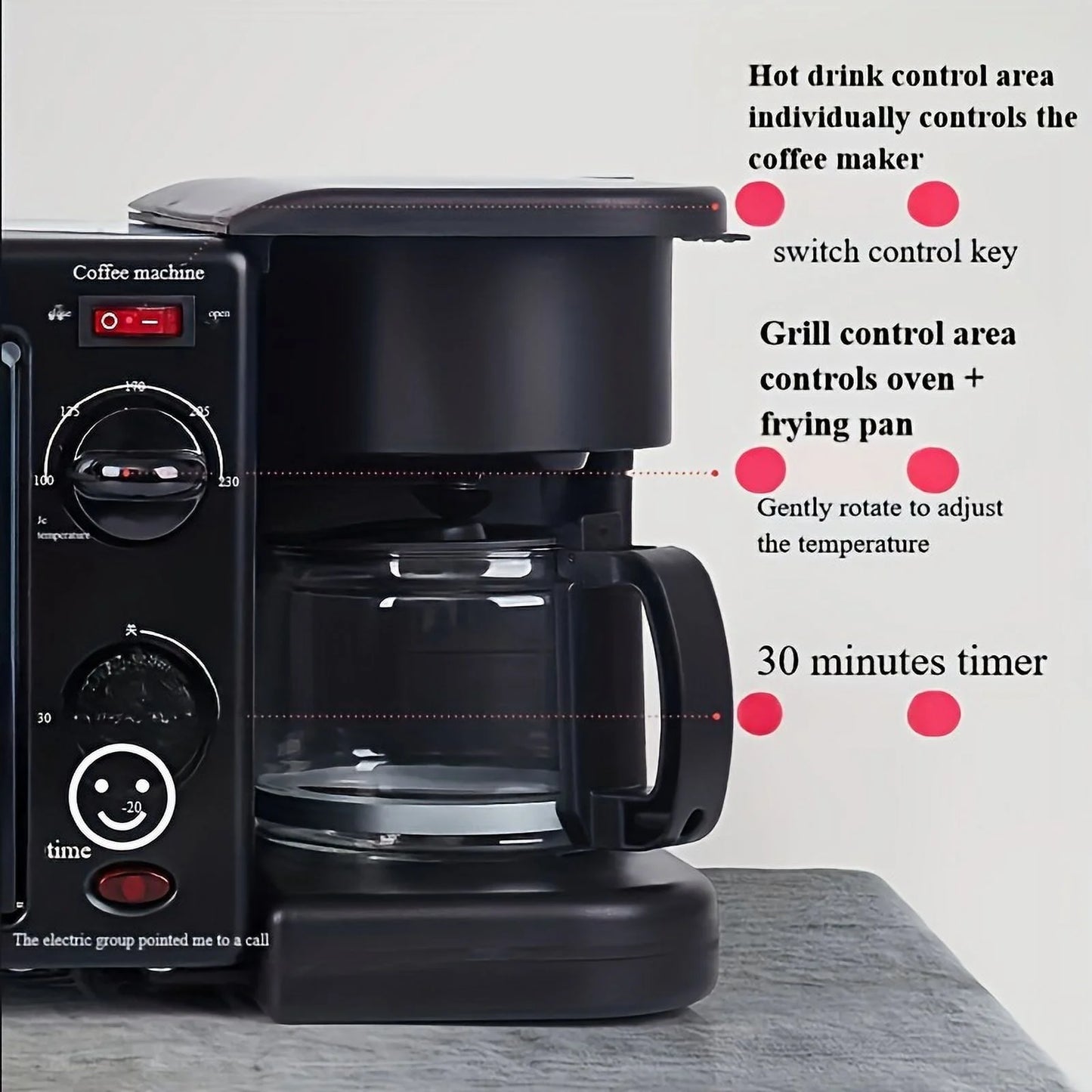 3-In-1 Breakfast Station - Coffee Maker, Non-Stick Griddle, and Toaster Electric Oven - Versatile Breakfast Maker Machine with Timer- Black