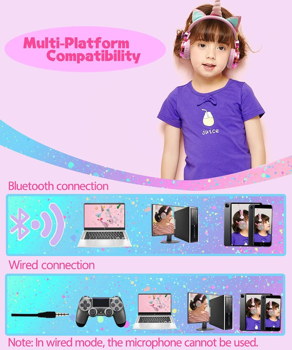 Unicorn Kids Bluetooth Headphones for Girls,Boys Teens,Wireless Cat Headset for Smartphones/Tablet/Laptop/Pc/Tv,With Mic and Adjustable Headband,Surprise Box Is the for Birthday and Xmas.