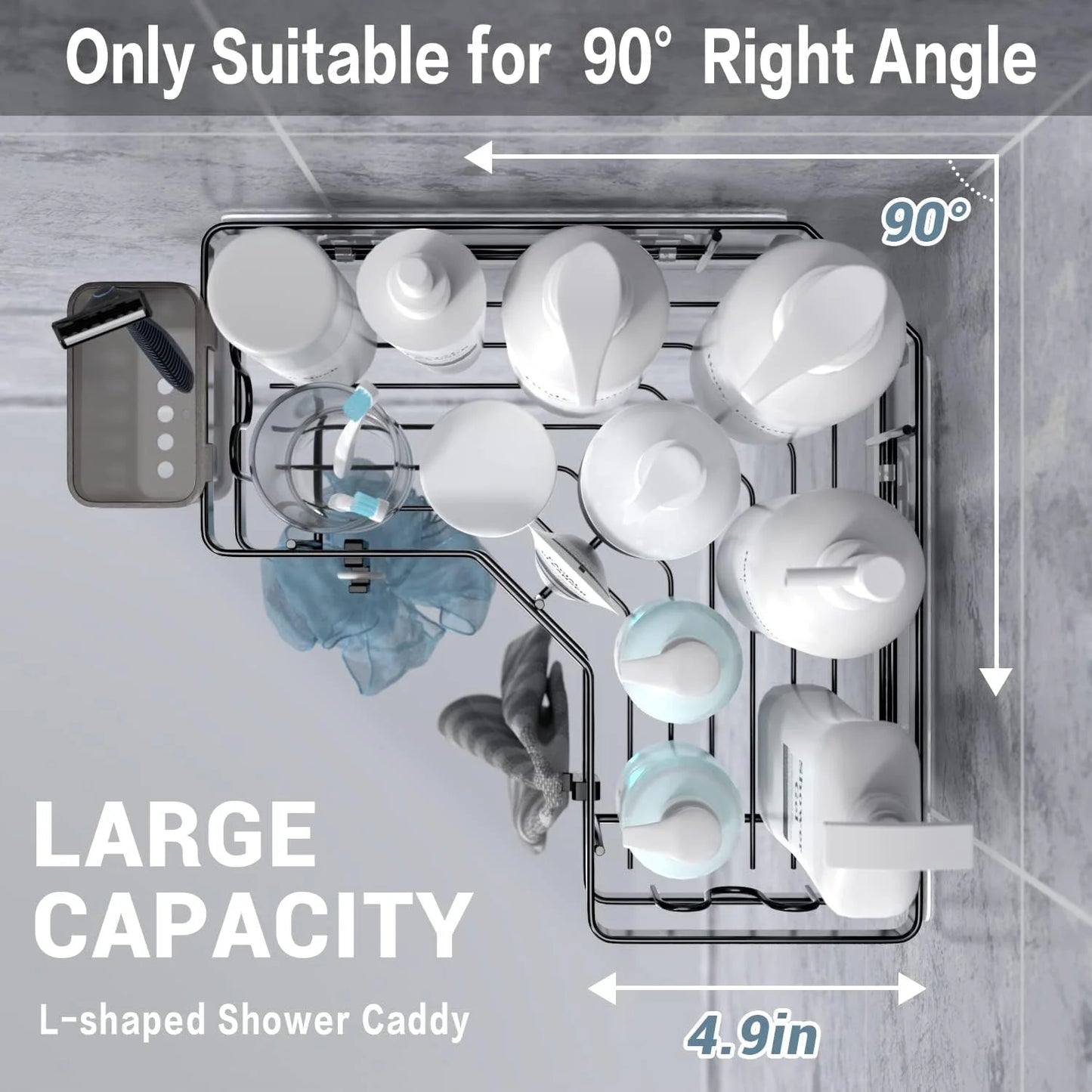 Corner Shower Caddy, 2 Pack Adhesive Shower Corner Organizer Shelves, Stainless Steel Shower Storage Rack with Hooks, Toothpaste&Soap Holder, No Drilling for Bathroom, Dorm and Kitchen-Black