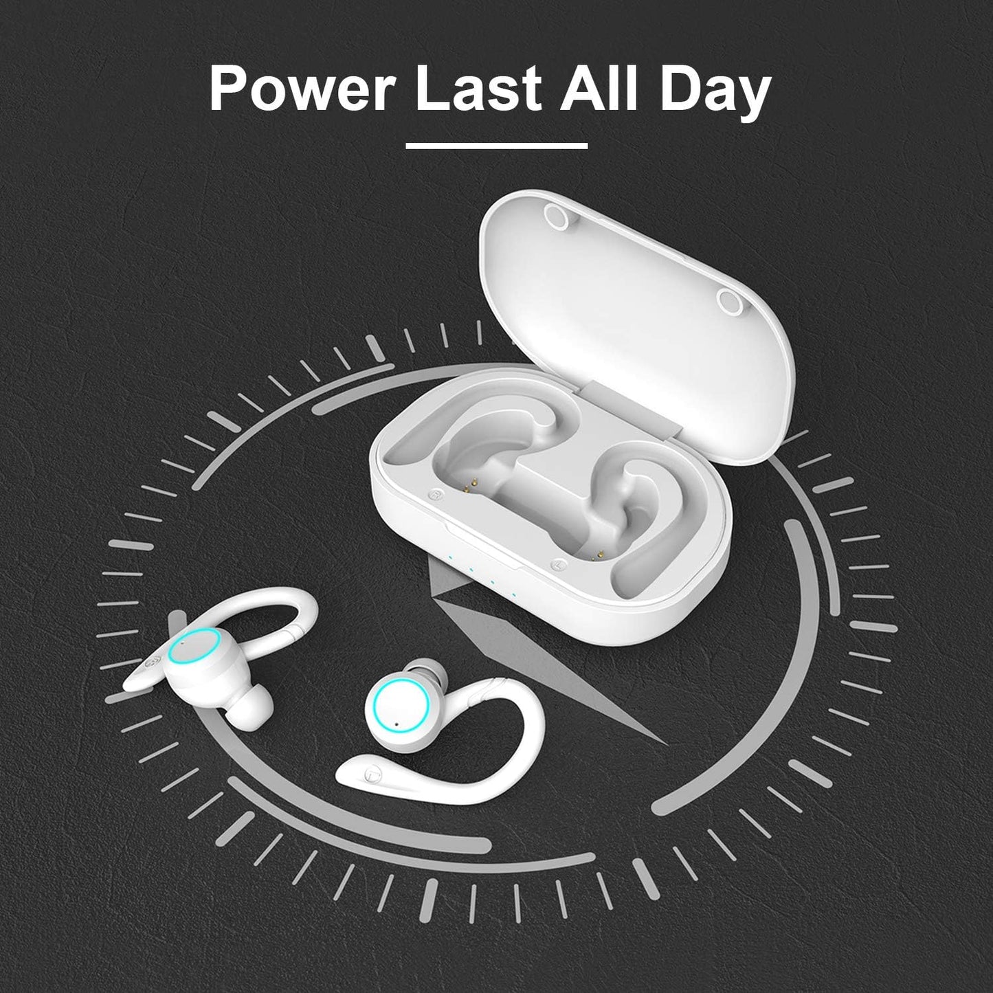 True Wireless Earphones with Charging Case IPX 7 Waterproof over Ear Bluetooth Headphones Built-In Mic Deep Bass Headset for Sport Running - White